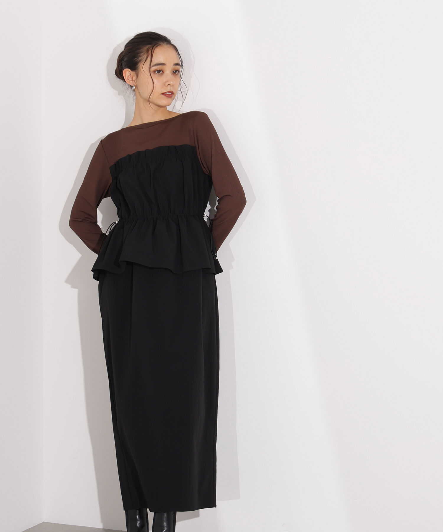  「ドロストコードドッキングワンピース長袖」|ワンピース|