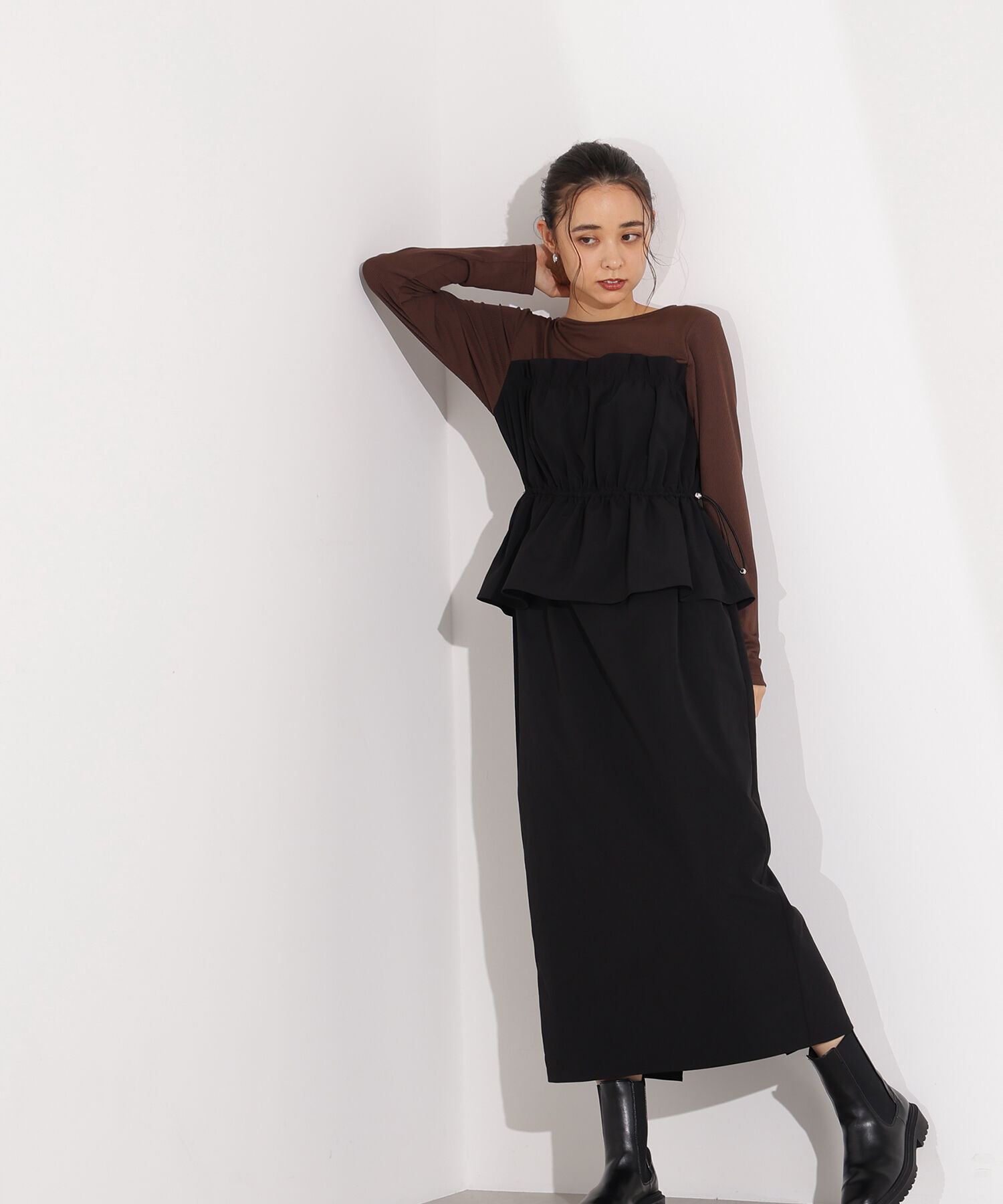  「ドロストコードドッキングワンピース長袖」|ワンピース|