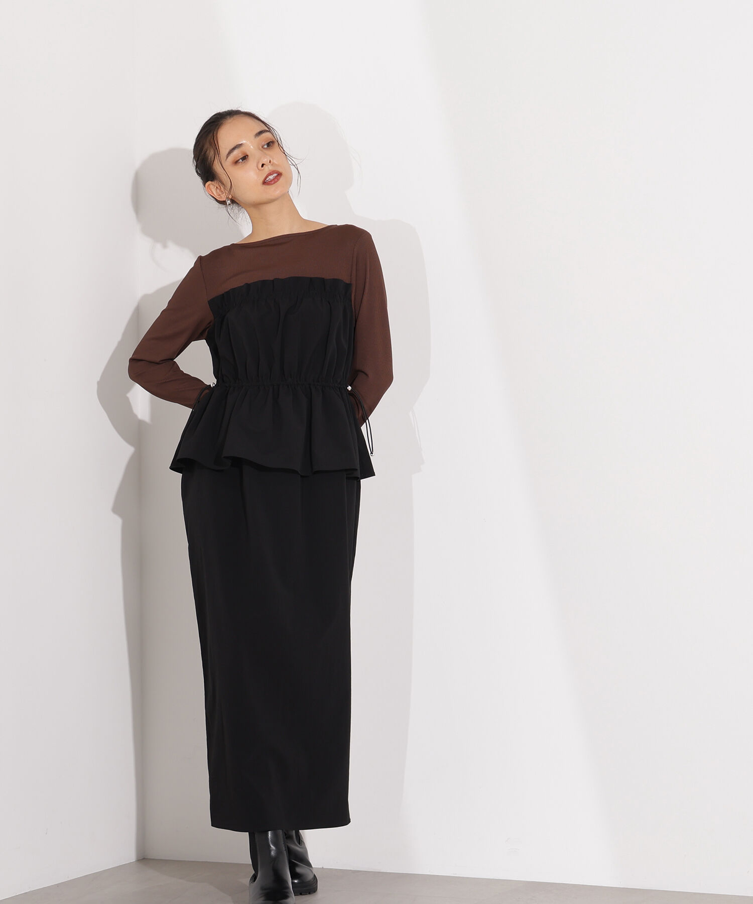  「ドロストコードドッキングワンピース長袖」|ワンピース|