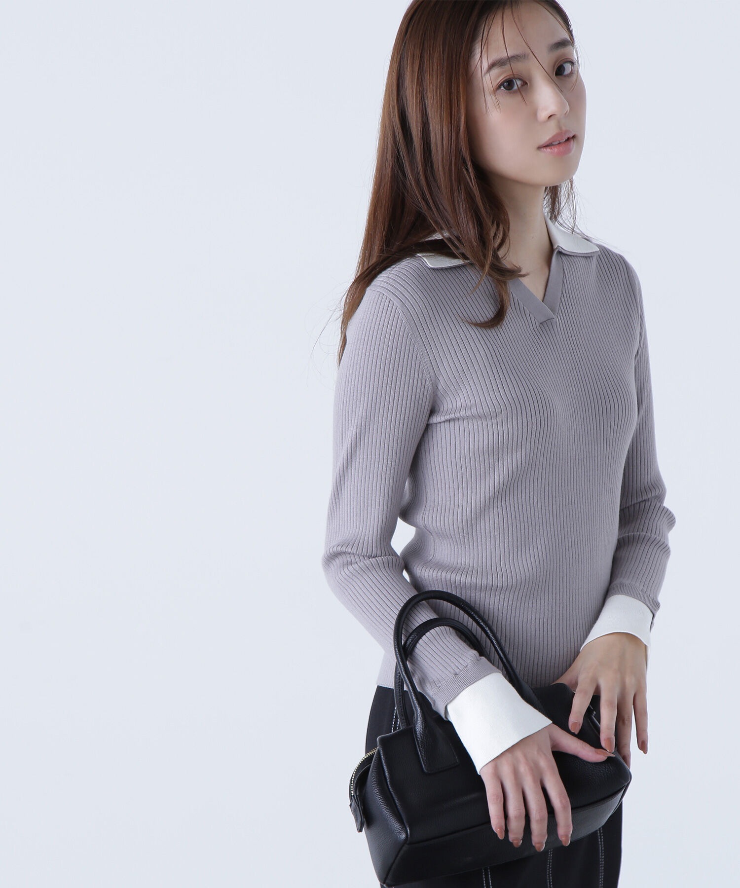  「ダブルカラーVネックリブニット」|ニット・セーター|