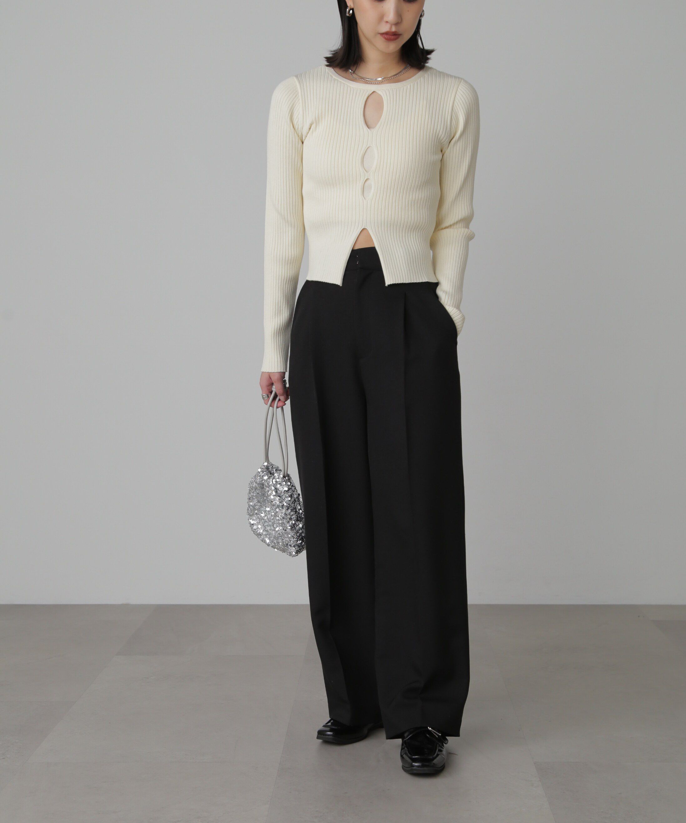  「前後2Wayスリットカットアウトリブニット」|ニット・セーター|