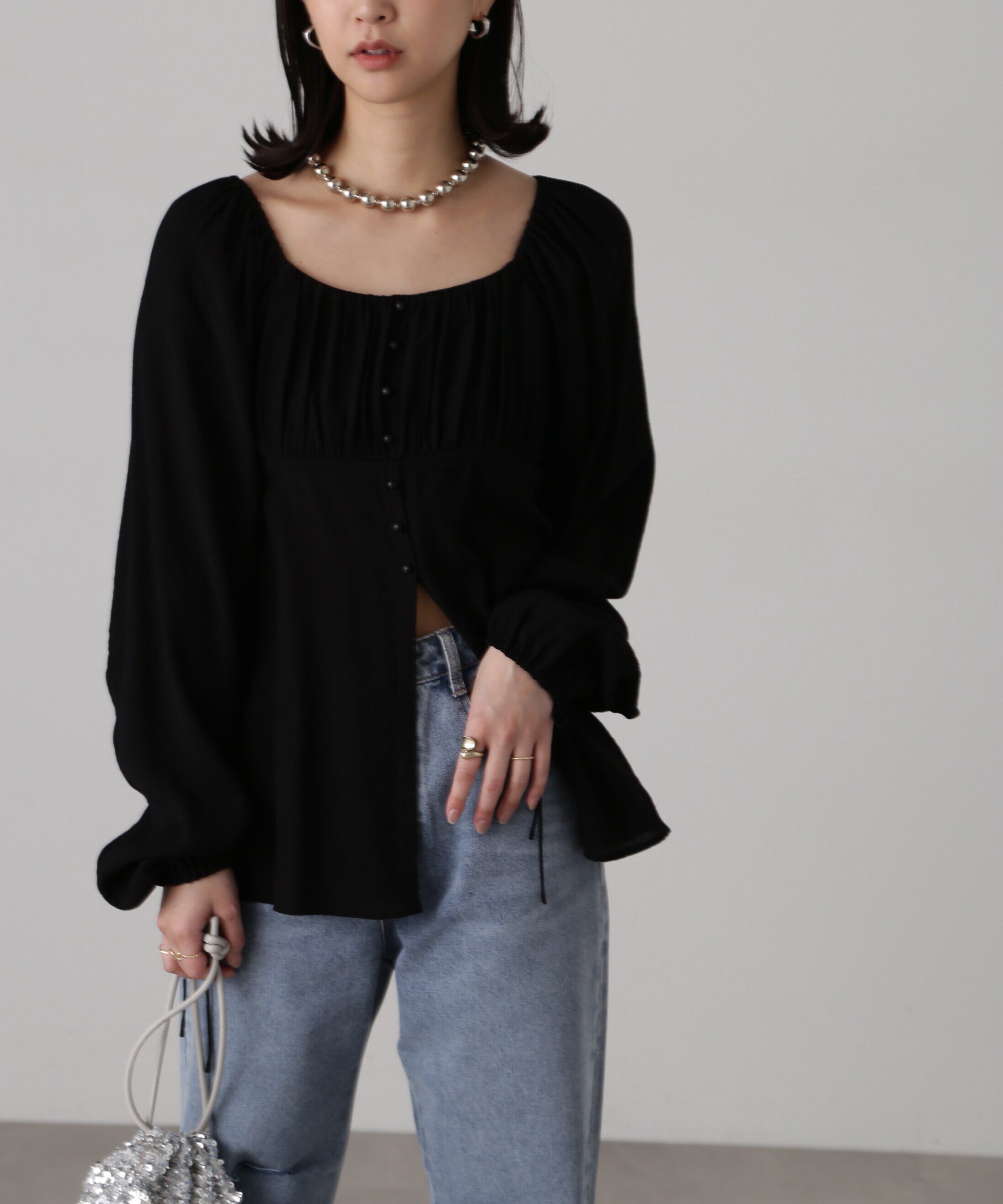  「フロントスリット2Wayオフショルギャザーブラウス」|シャツ・ブラウス|