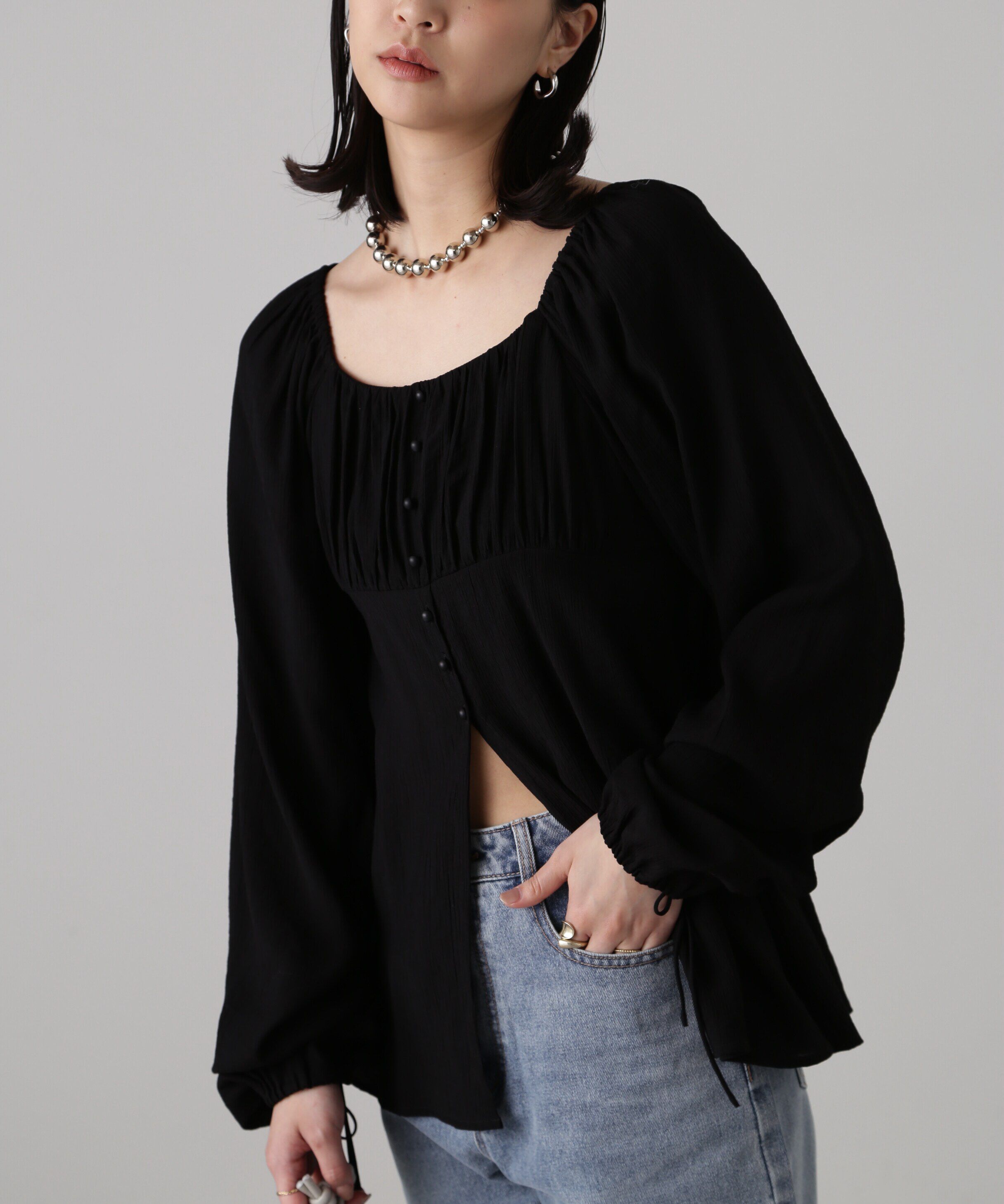  「フロントスリット2Wayオフショルギャザーブラウス」|シャツ・ブラウス|