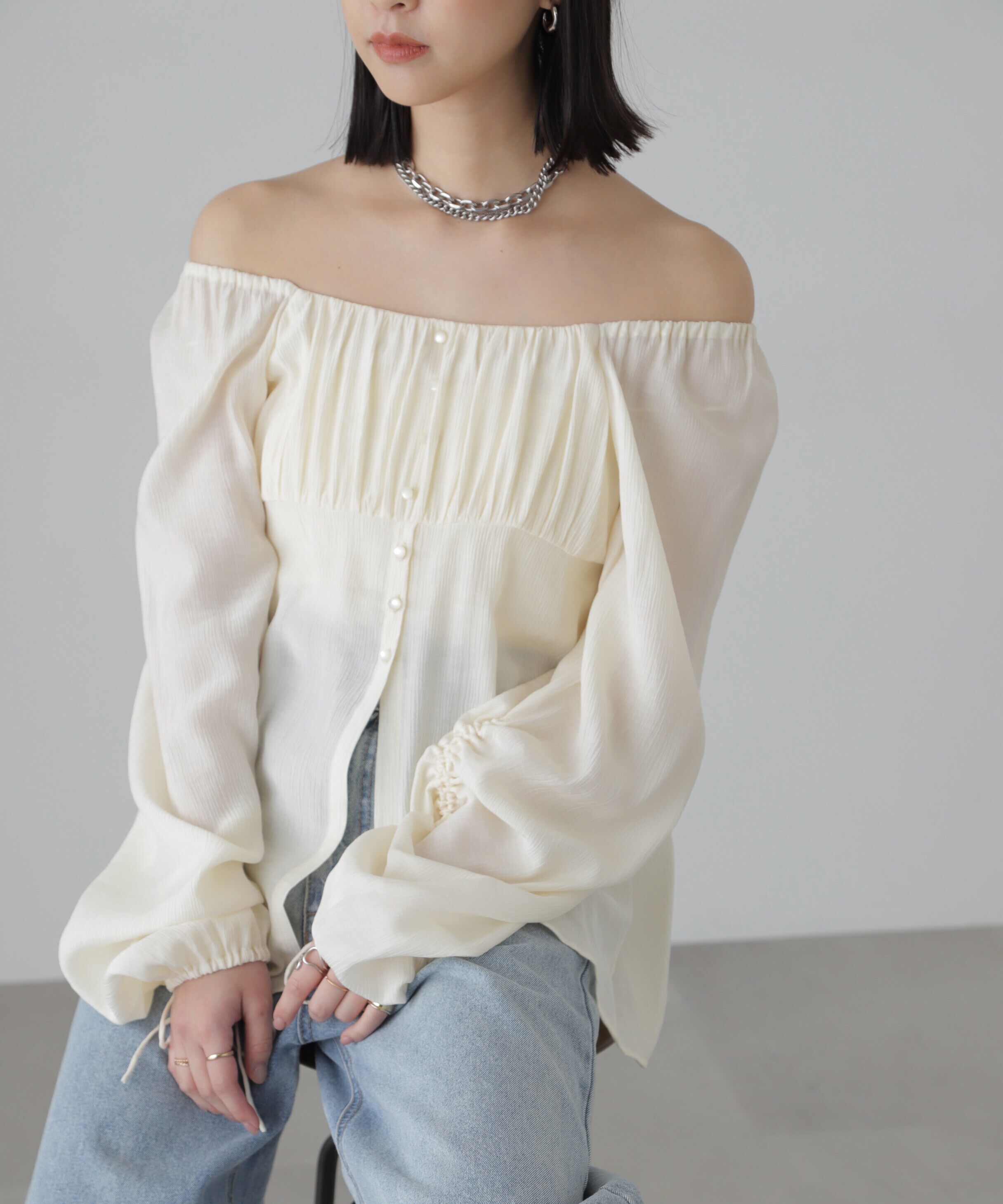  「フロントスリット2Wayオフショルギャザーブラウス」|シャツ・ブラウス|