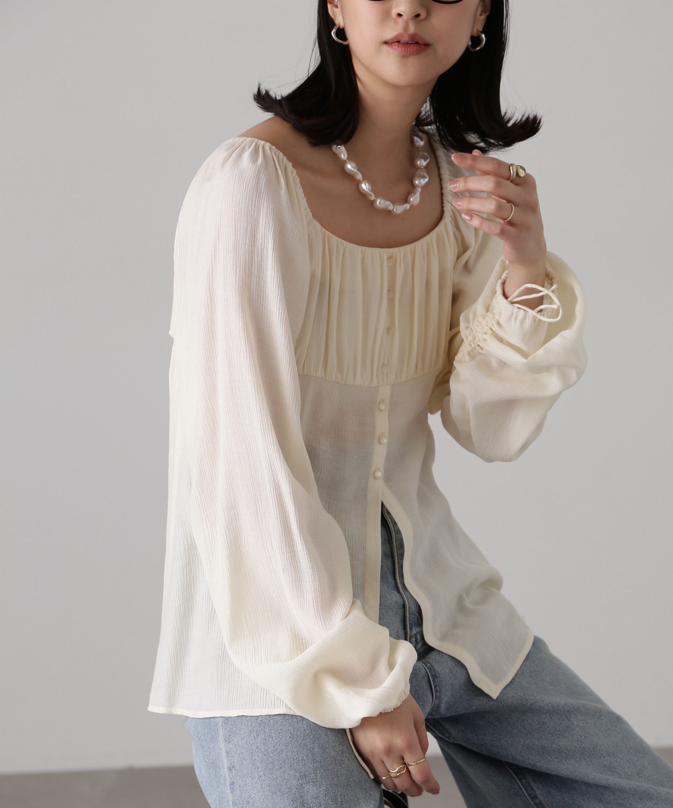  「フロントスリット2Wayオフショルギャザーブラウス」|シャツ・ブラウス|