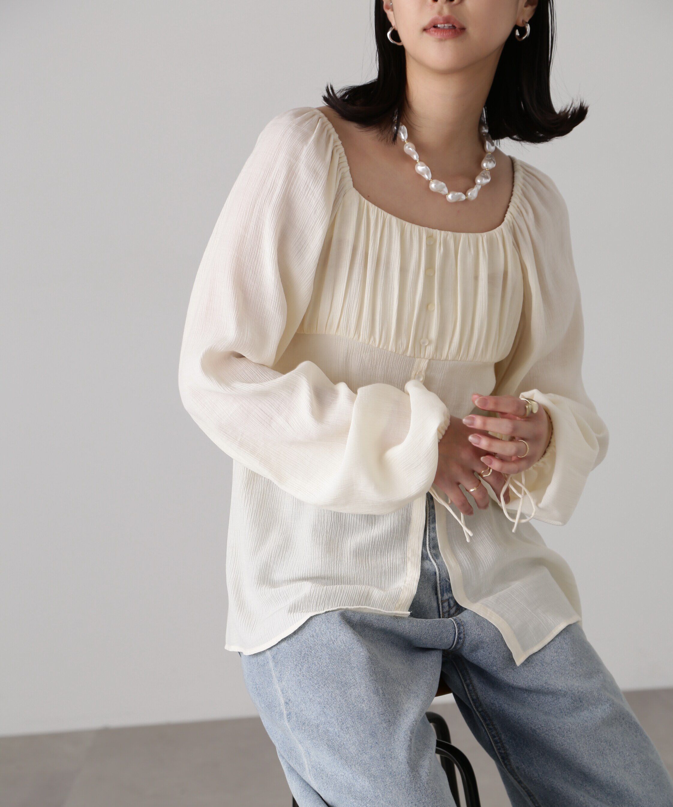  「フロントスリット2Wayオフショルギャザーブラウス」|シャツ・ブラウス|