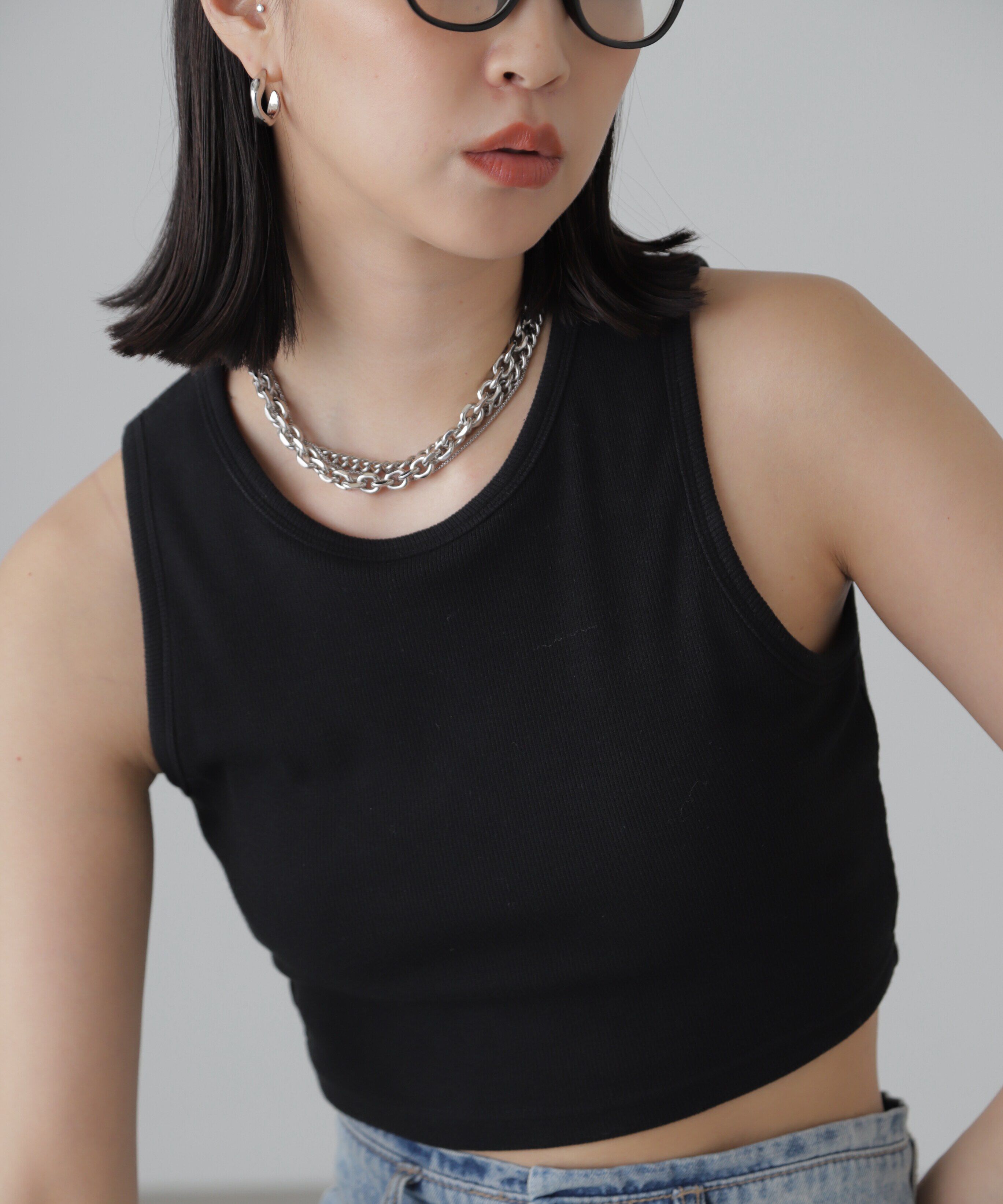  「カップ付きアメスリショート丈タンクトップ」|Tシャツ・カットソー|