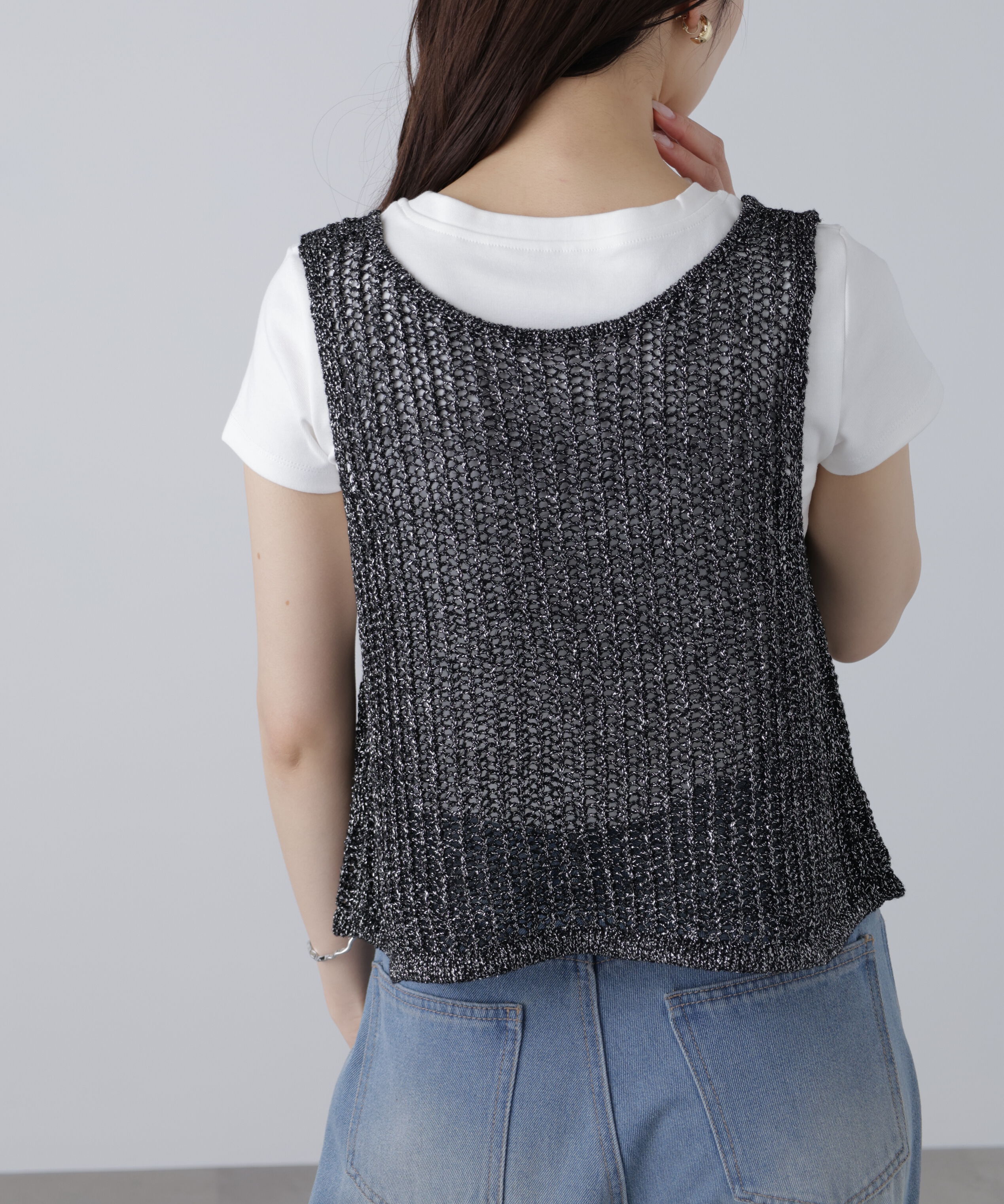 「前後2wayラメニットメッシュベスト」|ニット・セーター|