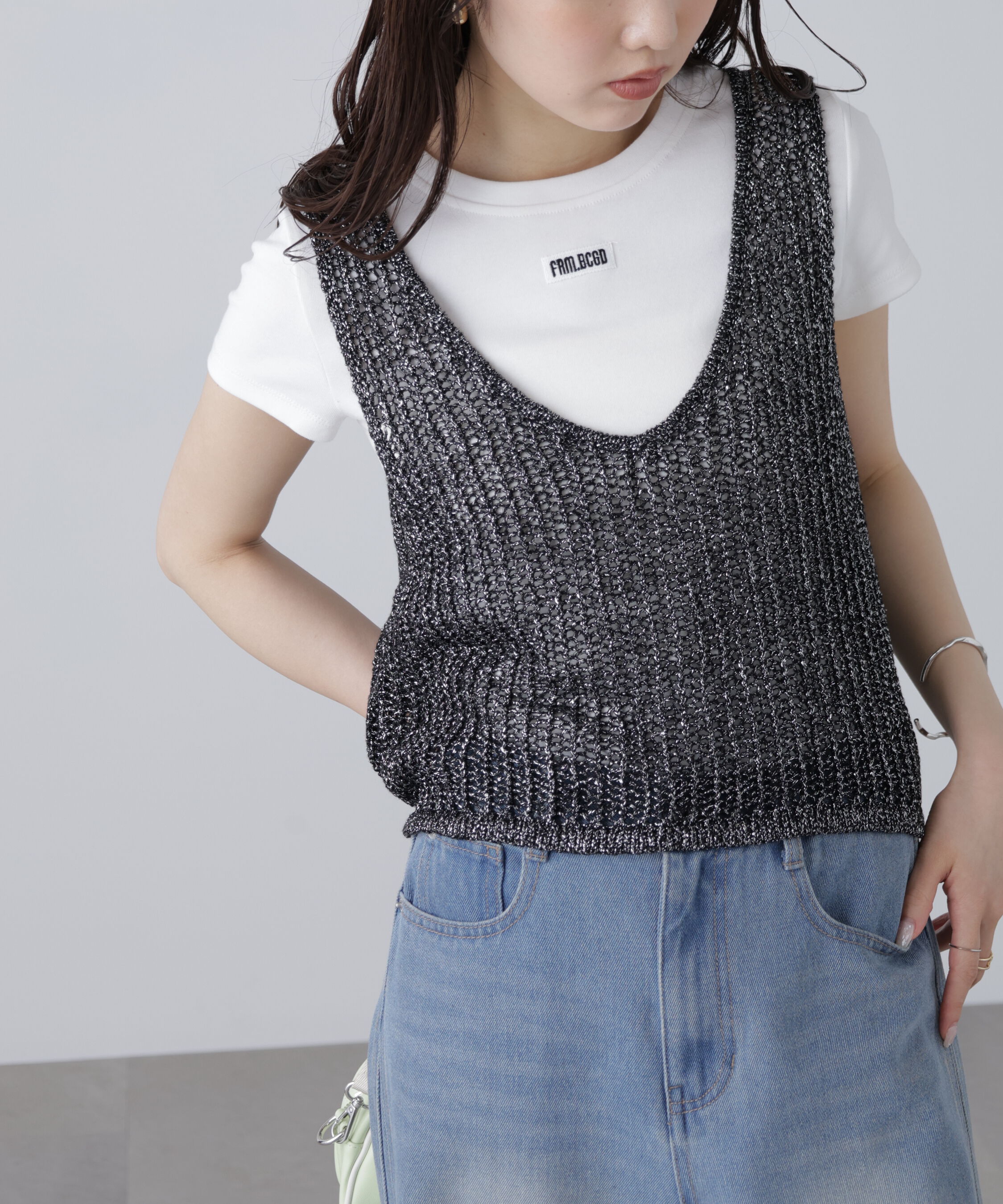  「前後2wayラメニットメッシュベスト」|ニット・セーター|