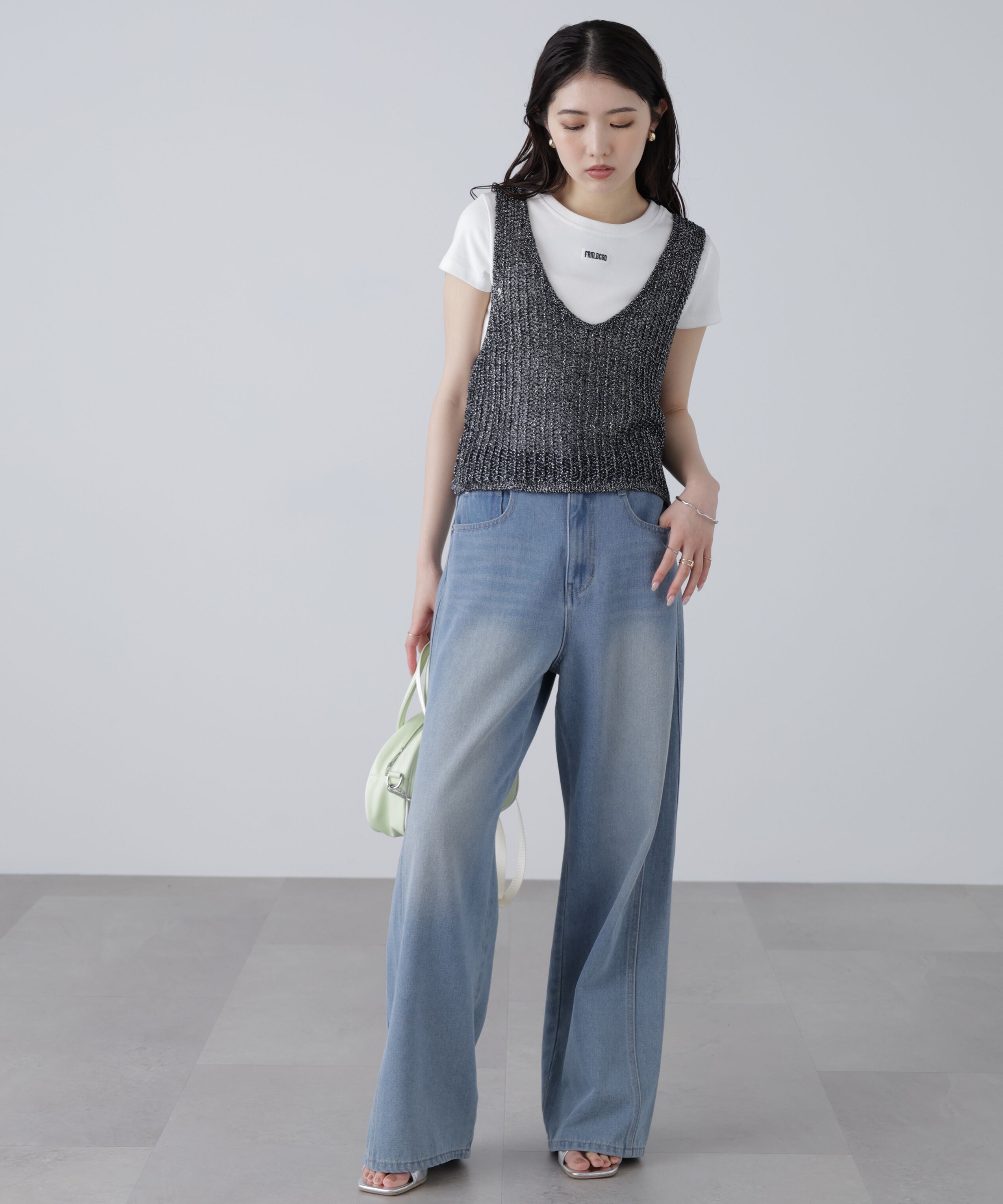  「前後2wayラメニットメッシュベスト」|ニット・セーター|