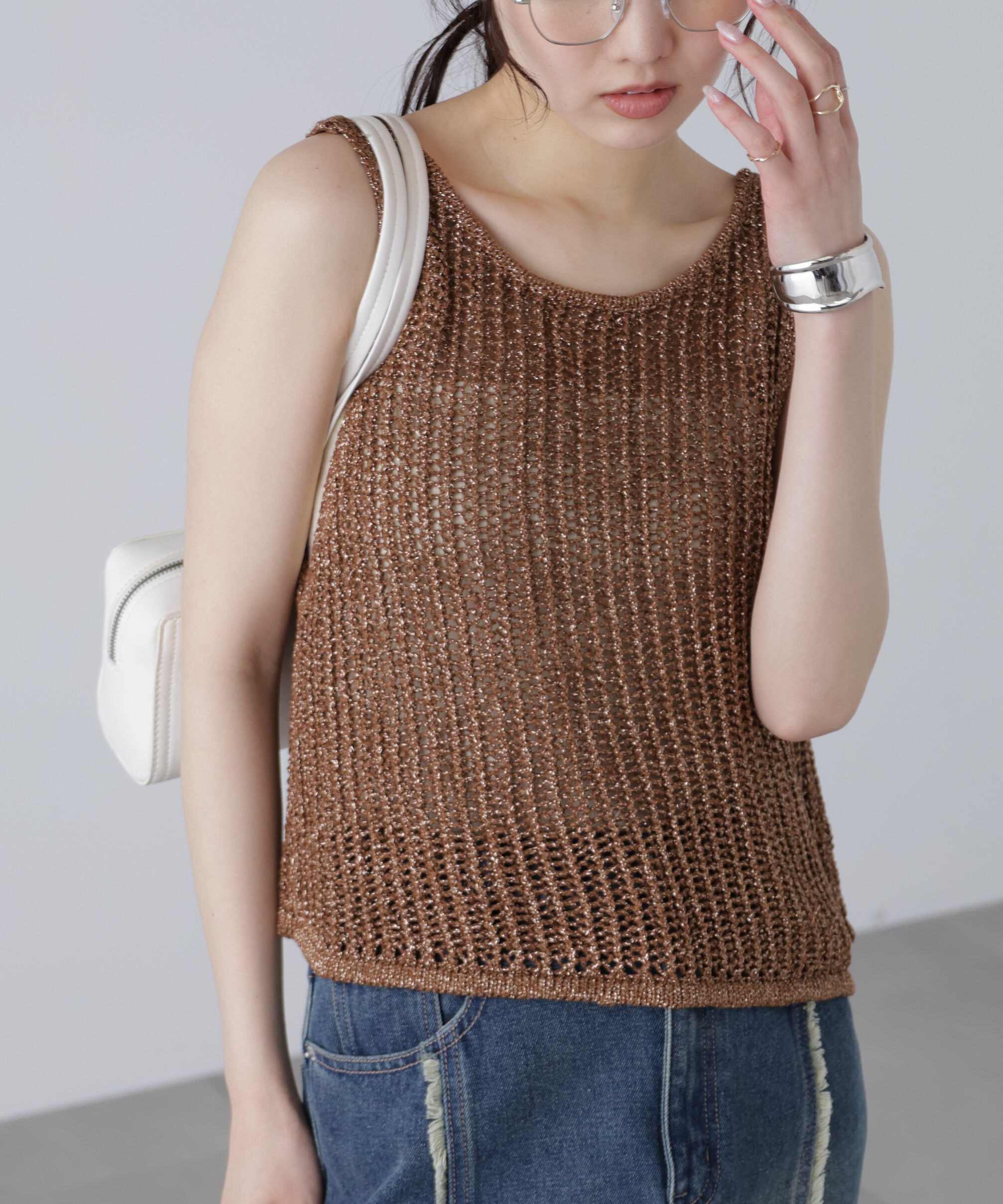  「前後2wayラメニットメッシュベスト」|ニット・セーター|