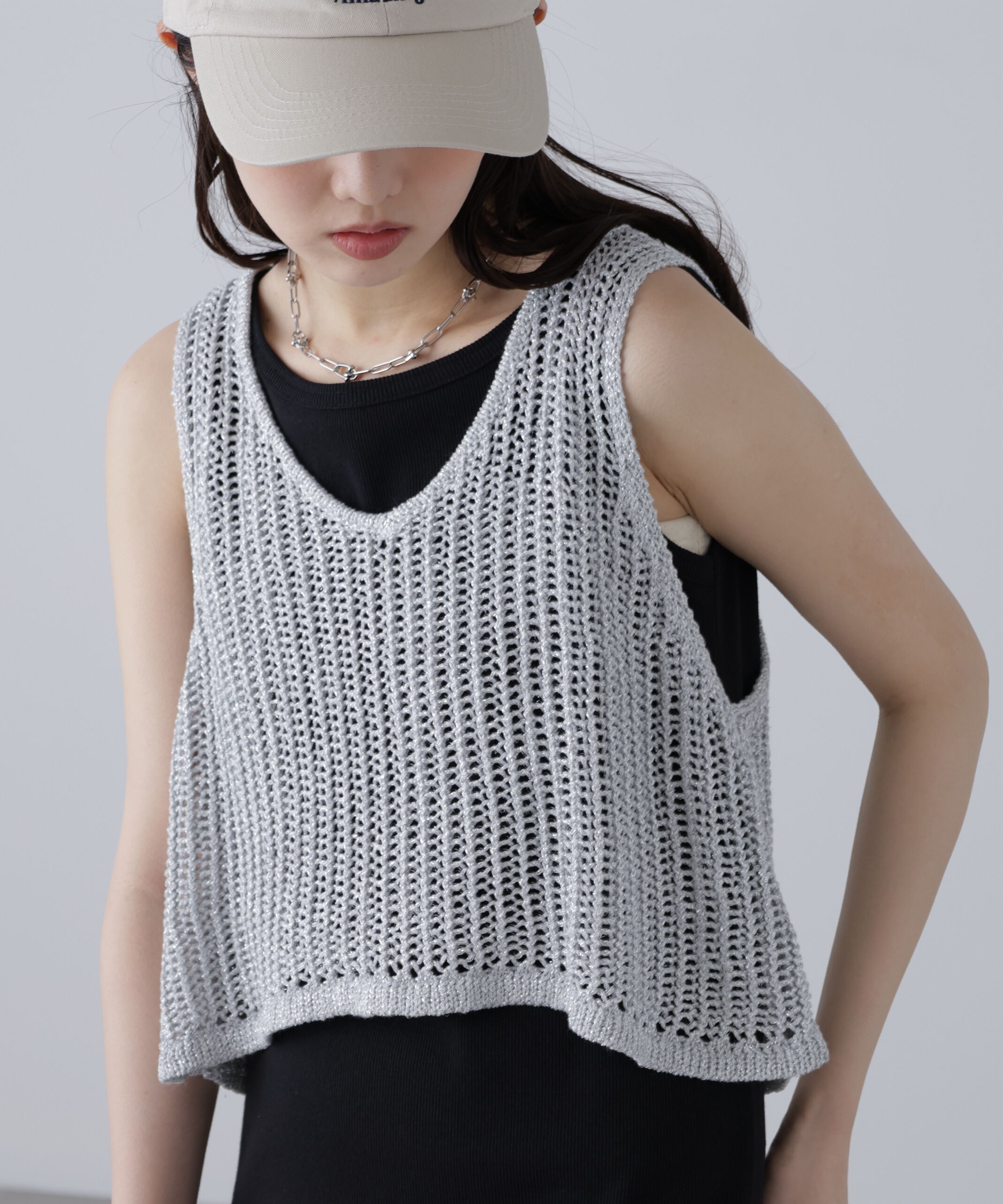  「前後2wayラメニットメッシュベスト」|ニット・セーター|シルバー