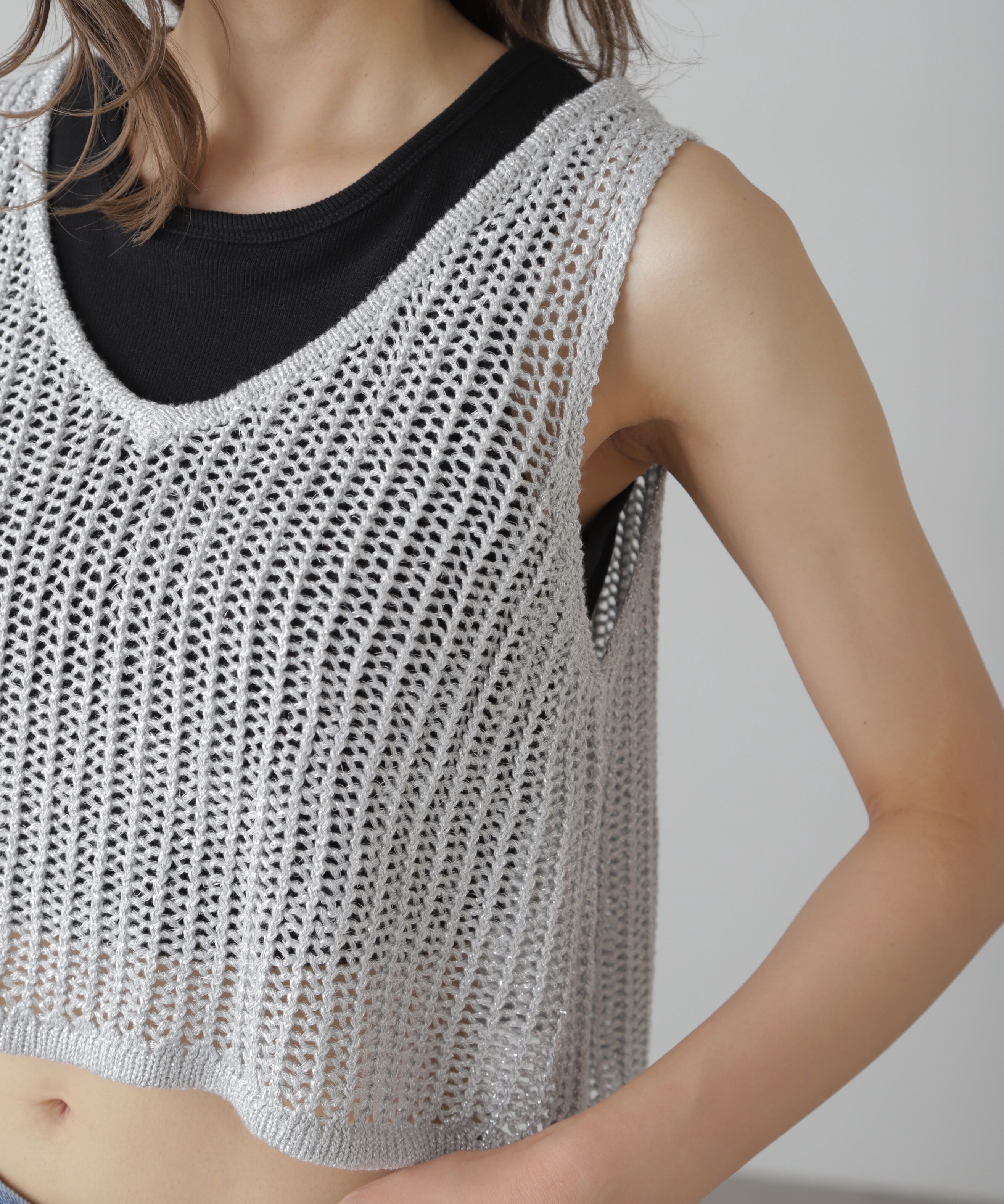  「前後2wayラメニットメッシュベスト」|ニット・セーター|