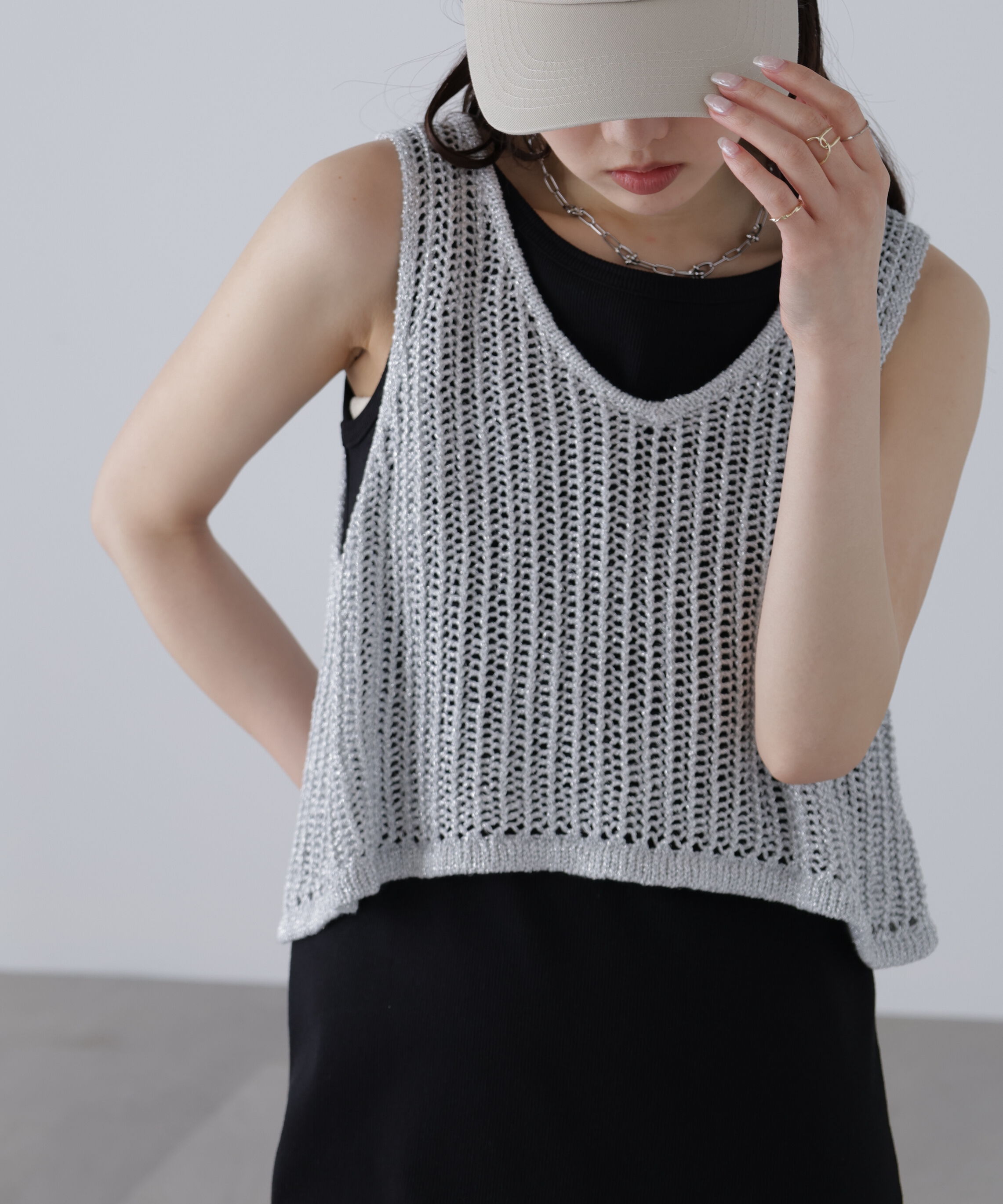  「前後2wayラメニットメッシュベスト」|ニット・セーター|