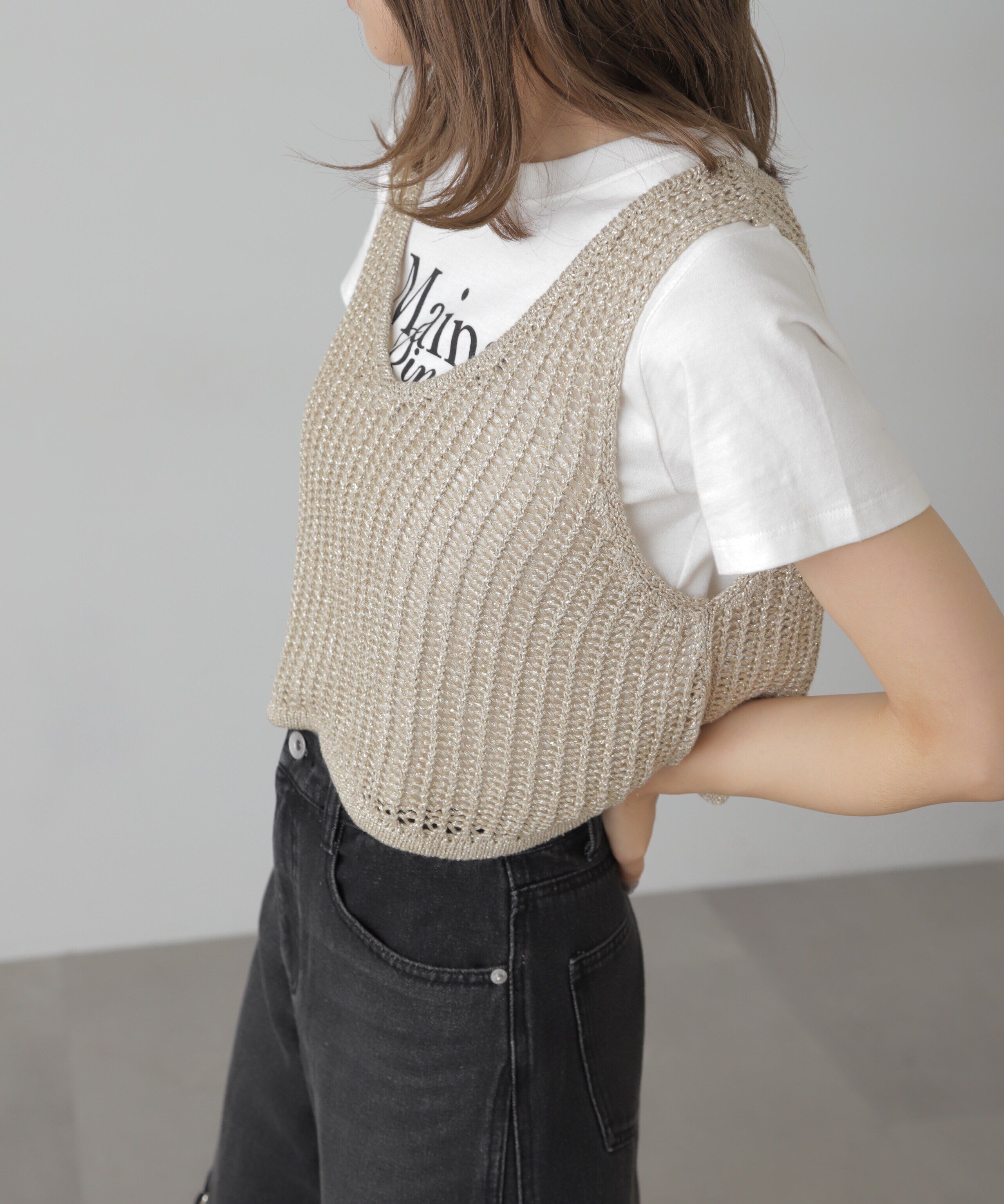  「前後2wayラメニットメッシュベスト」|ニット・セーター|