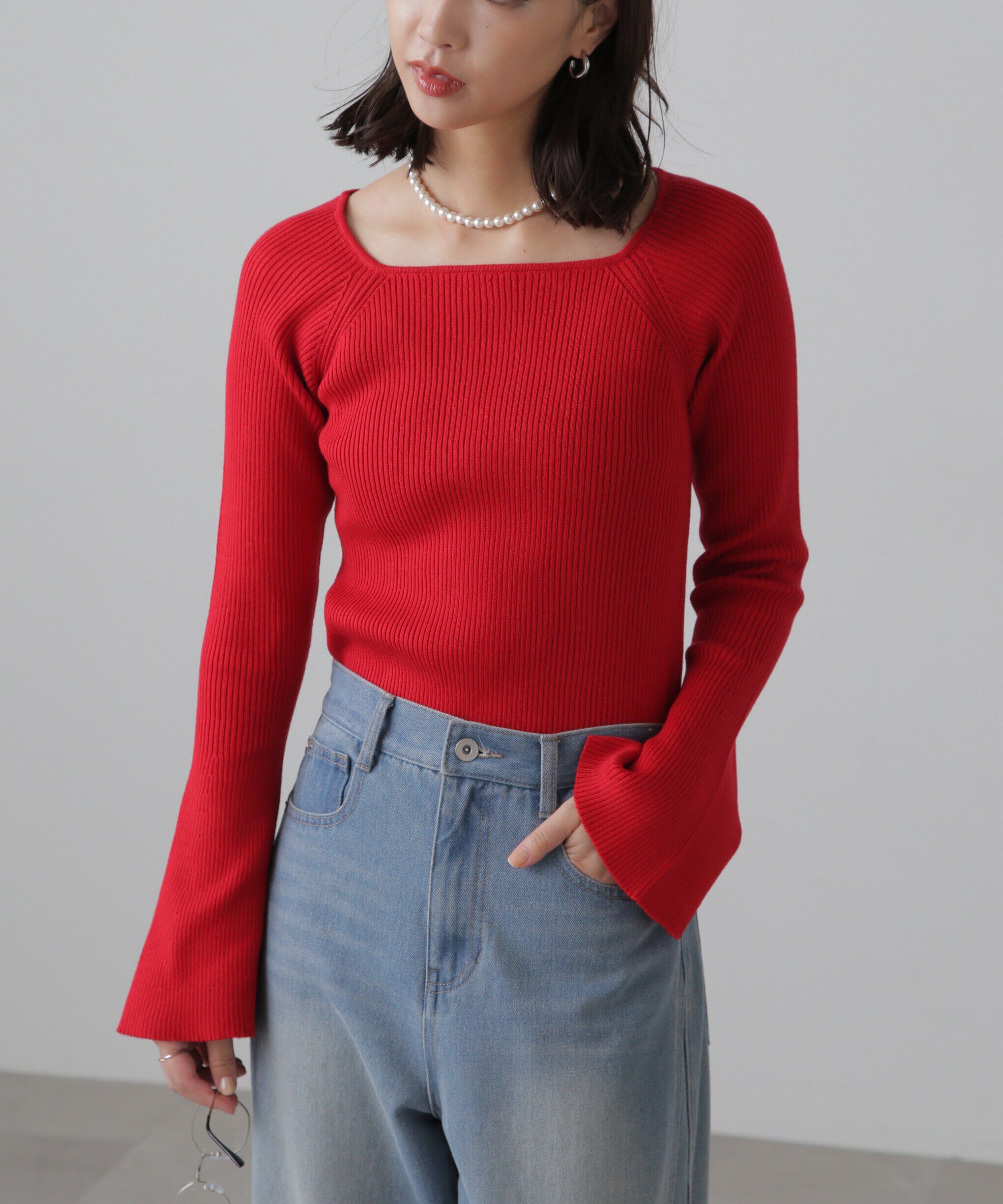  「スクエアネック袖フレアニット」|ニット・セーター|レッド