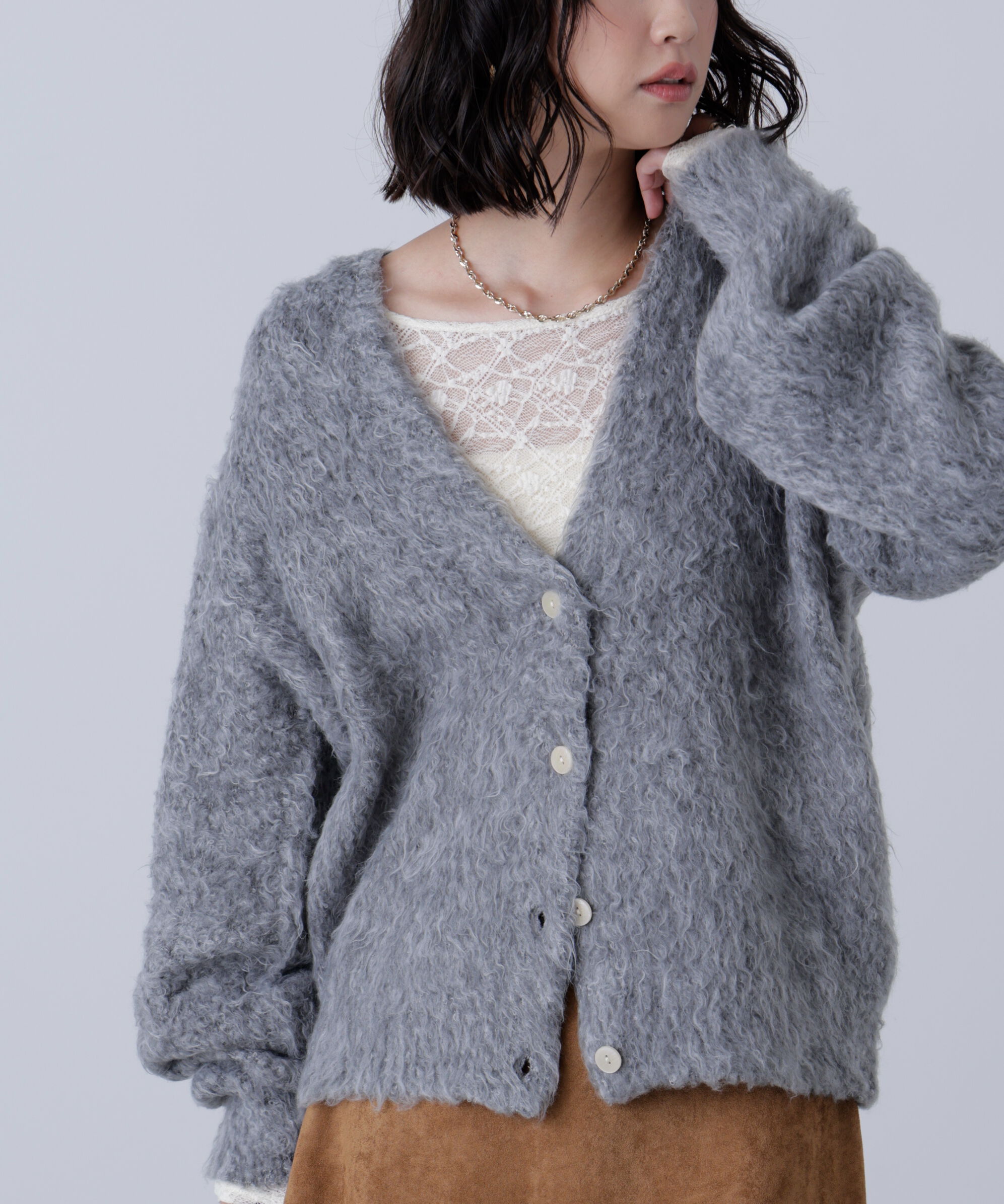  「ウェーブ起毛Vネックカーディガン」|ニット・セーター|