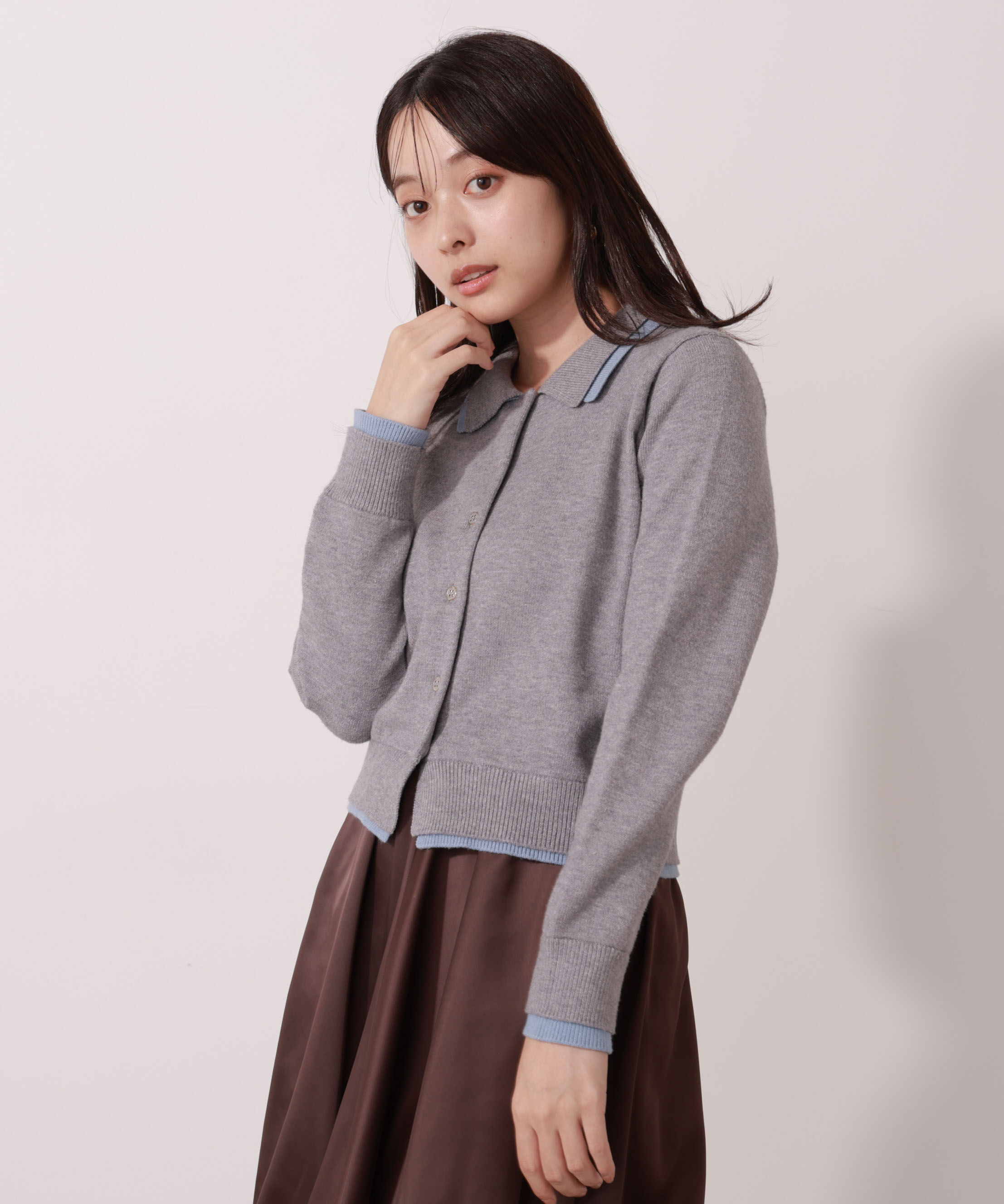 PROPORTION BODY DRESSING「＜ウォッシャブル＞ポロレイヤード風ニット」|カーディガン|トップグレー 1