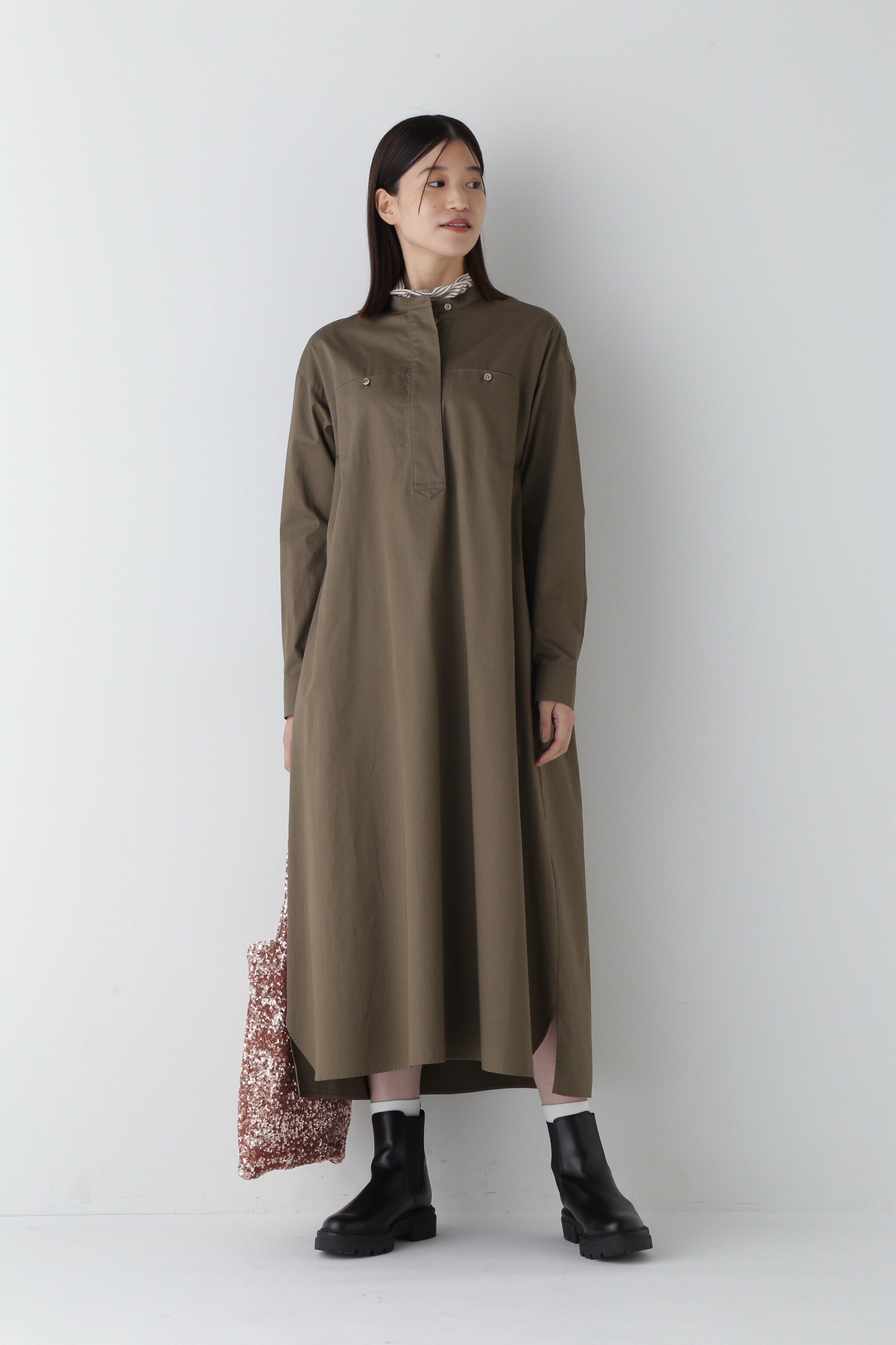  「◆コットンサテンバンドカラーシャツワンピース」|ワンピース|