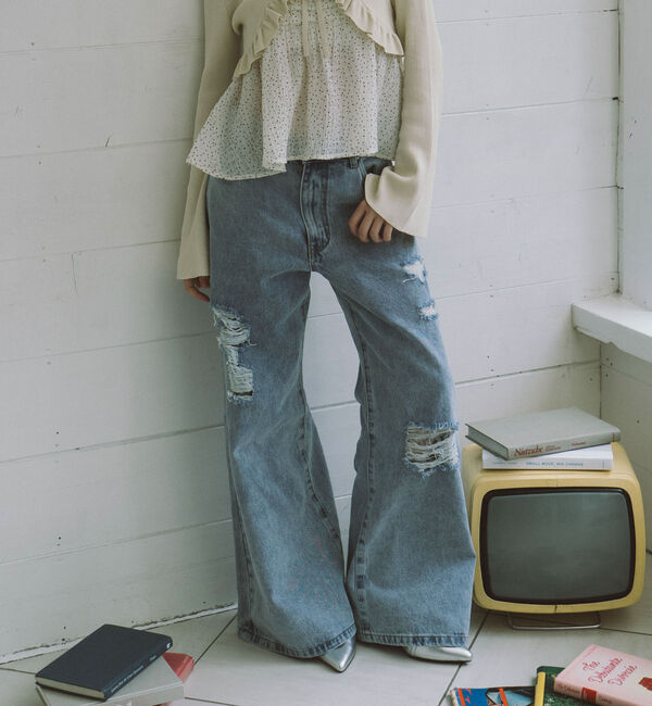 archives「ダメージレースフレアデニム」|デニム|BLUE