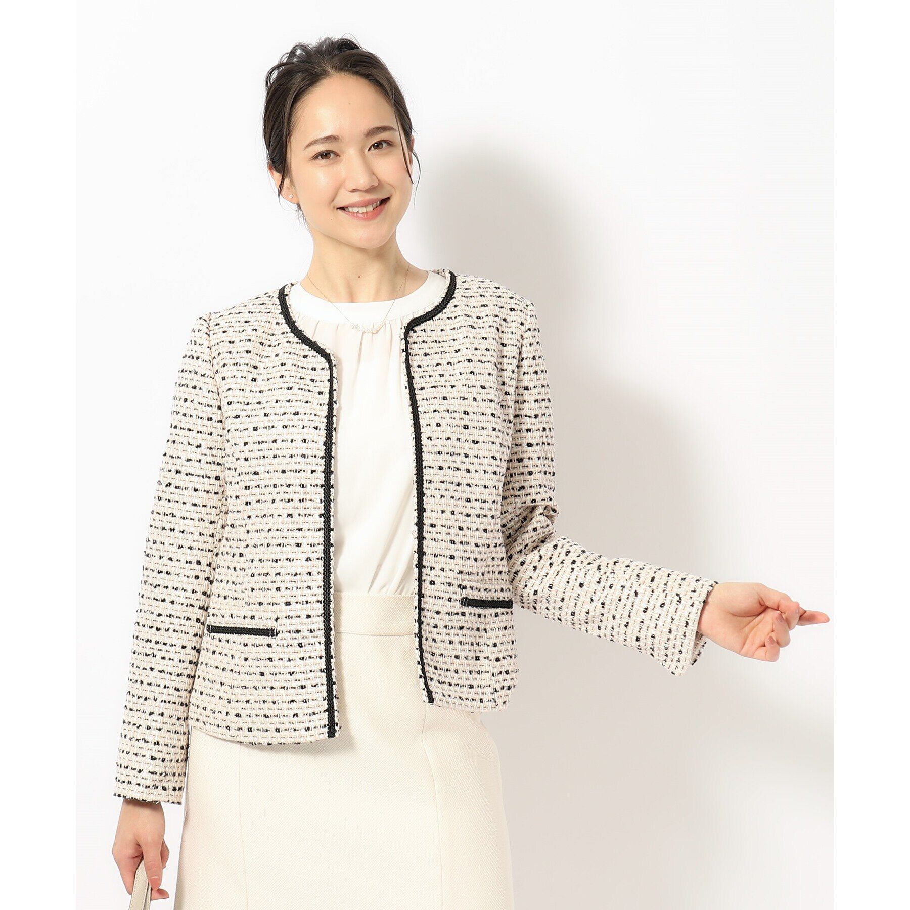 SHOO･LA･RUE「【S-5L】ネオリッチツイードジャケット」|ノーカラージャケット|ピンク(172)