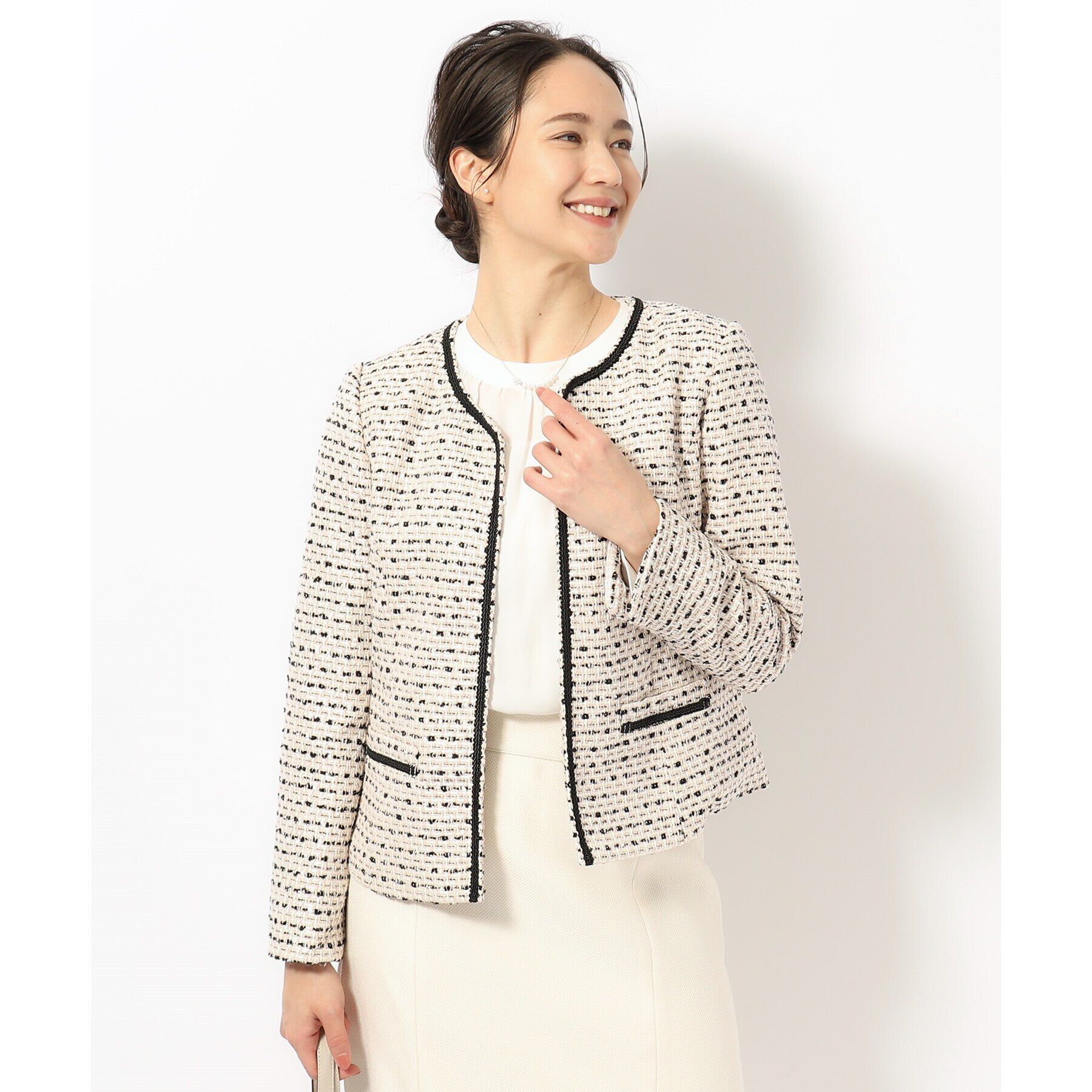 SHOO･LA･RUE「【S-5L】ネオリッチツイードジャケット」|ノーカラージャケット|