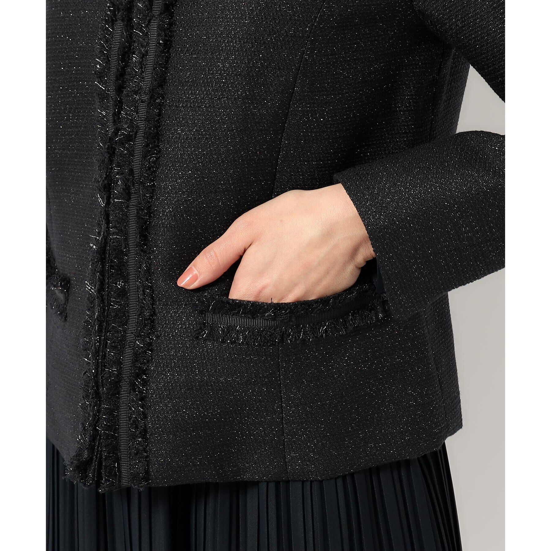 SHOO･LA･RUE「【S-3L】ツイードフリンジノーカラージャケット」|ノーカラージャケット|