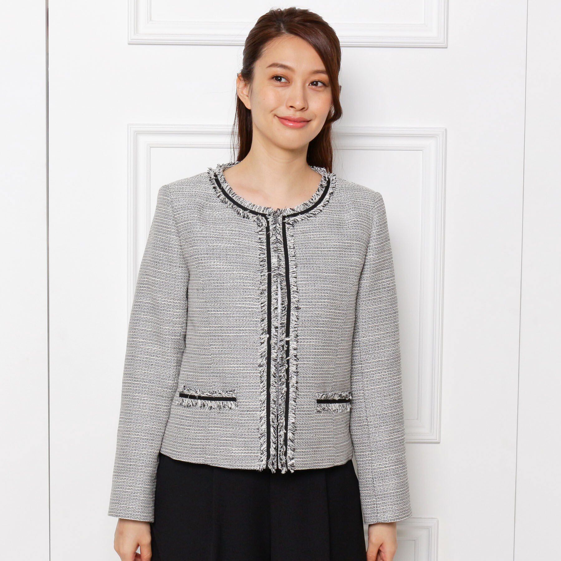 SHOO･LA･RUE「【S-3L】ツイードフリンジノーカラージャケット」|ノーカラージャケット|