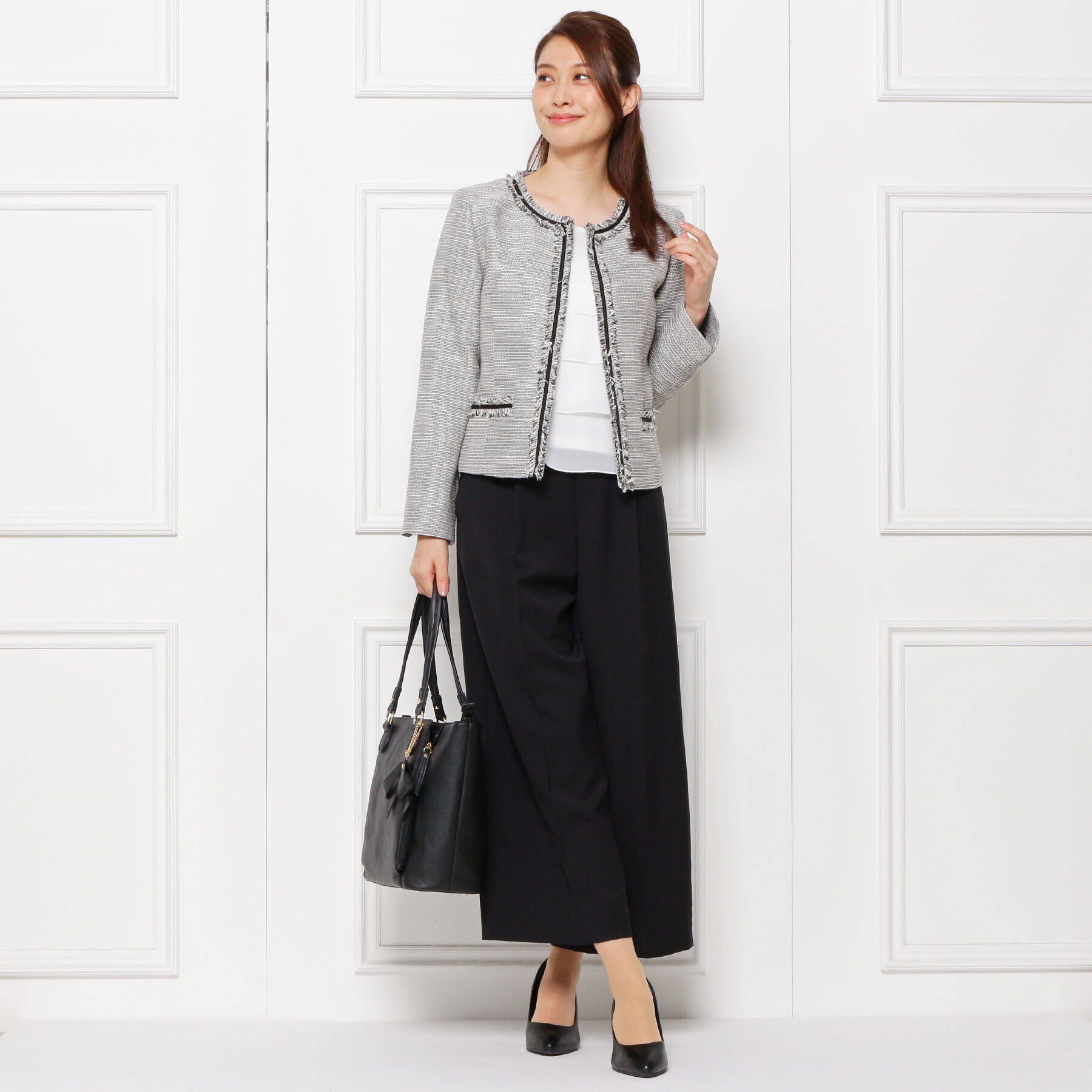 SHOO･LA･RUE「【S-3L】ツイードフリンジノーカラージャケット」|ノーカラージャケット|