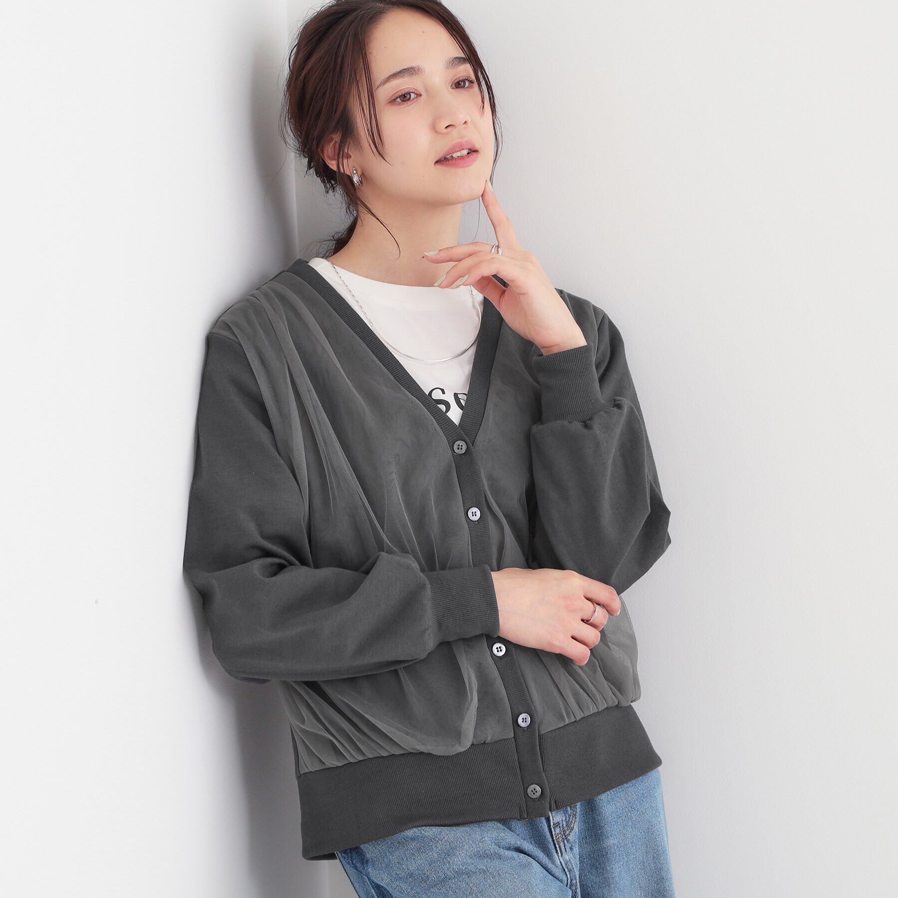 SHOO･LA･RUE「【S-LL】チュールレイヤードカーディガン」|カーディガン|チャコールグレー(0