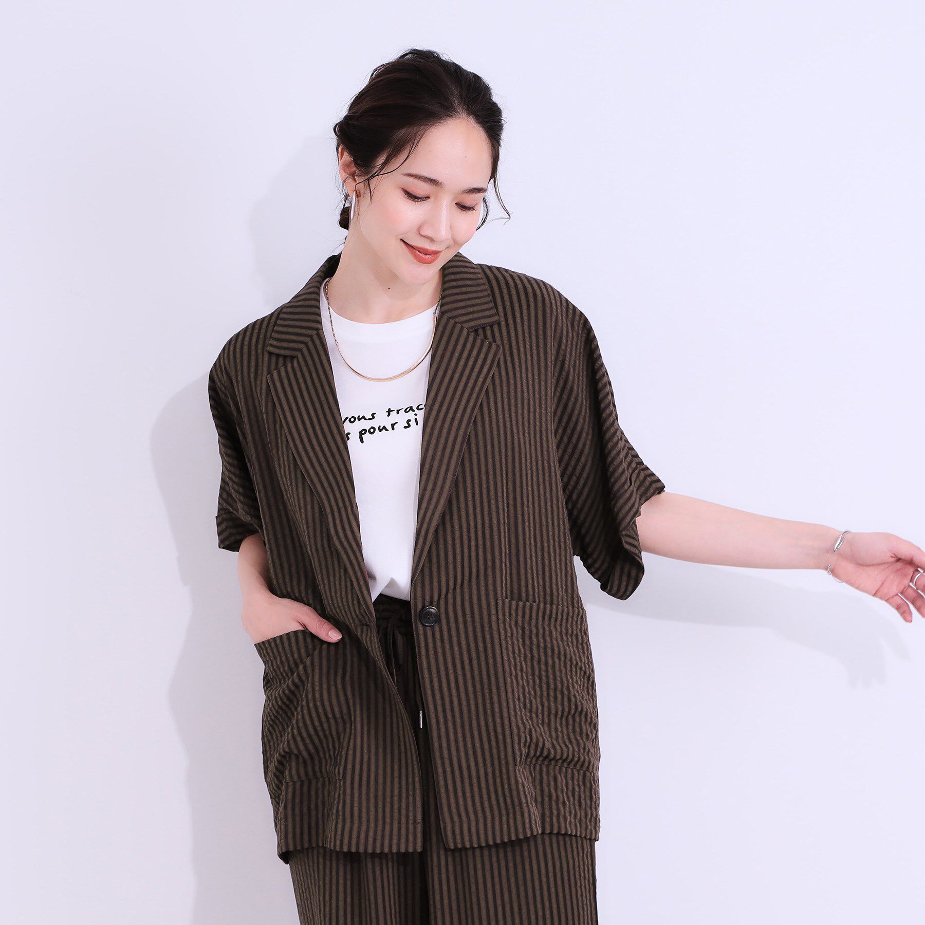 SHOO･LA･RUE「【セットアップ可能/ひんやり/吸水速乾】サッカーストライプ テーラードカラーシャツジャケット」|テーラードジャケット|