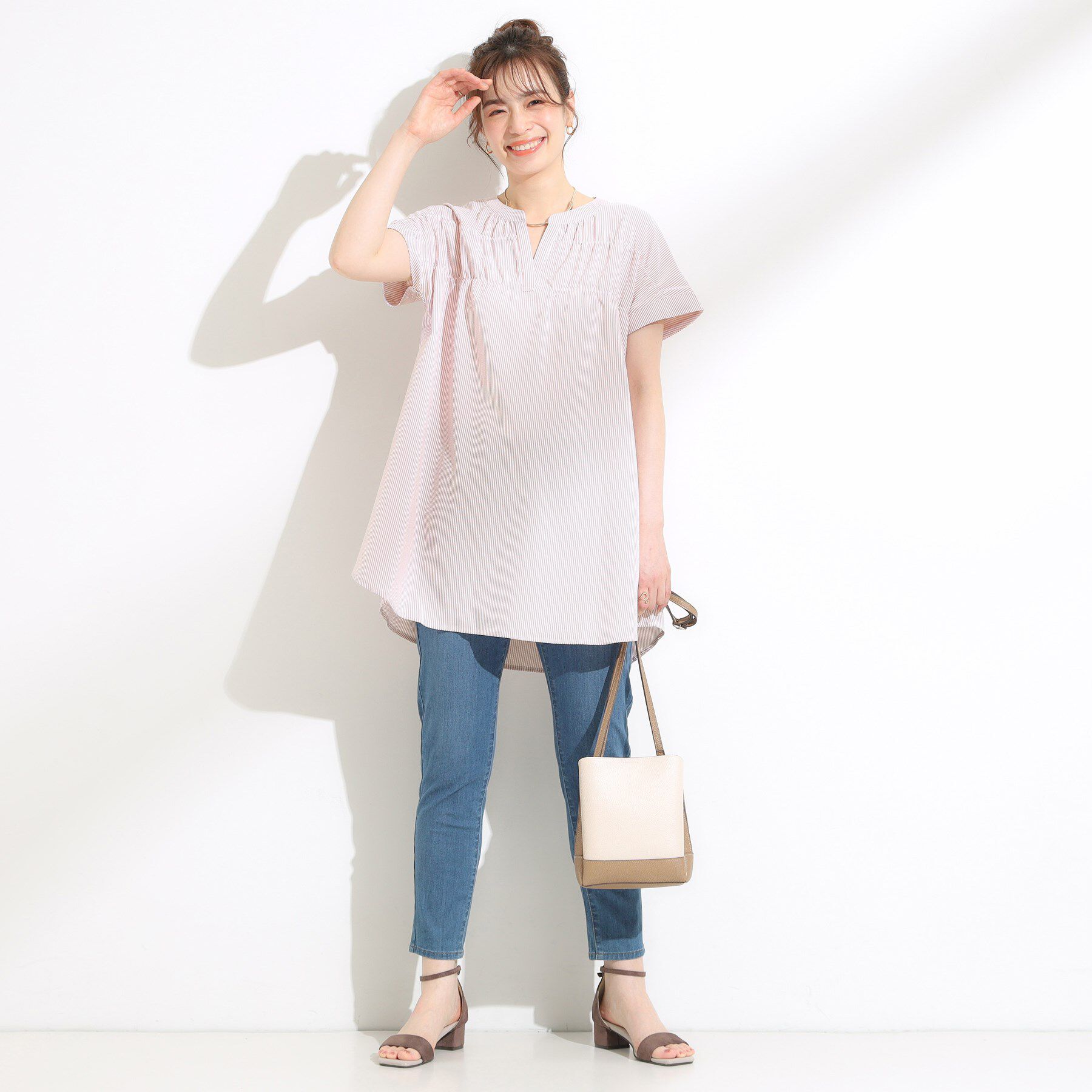 SHOO･LA･RUE「【S-LL/ひんやり/体型カバー】サッカーストライプ Aラインチュニックブラウス」|チュニック|