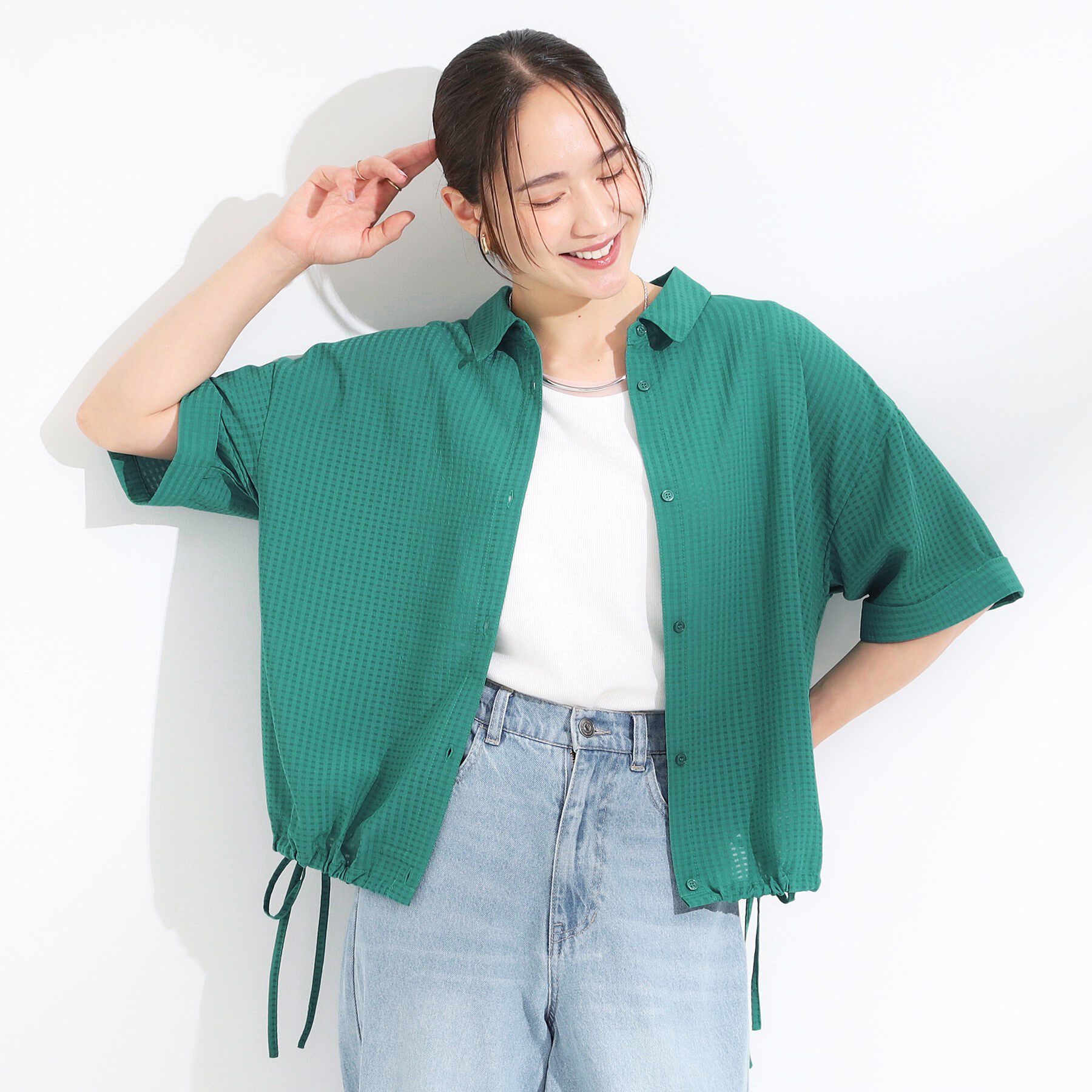 SHOO･LA･RUE「シルエット変化を楽しめる シアーチェックドロストシャツ」|シャツ・ブラウス|