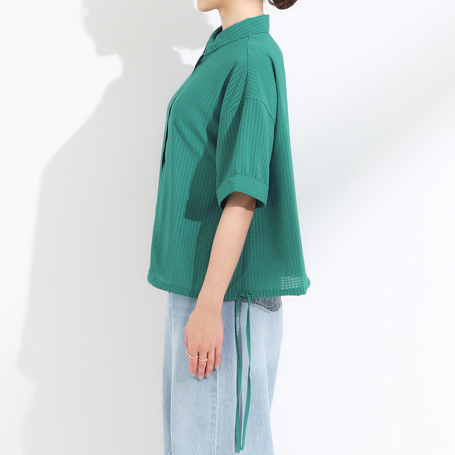 SHOO･LA･RUE「シルエット変化を楽しめる シアーチェックドロストシャツ」|シャツ・ブラウス|