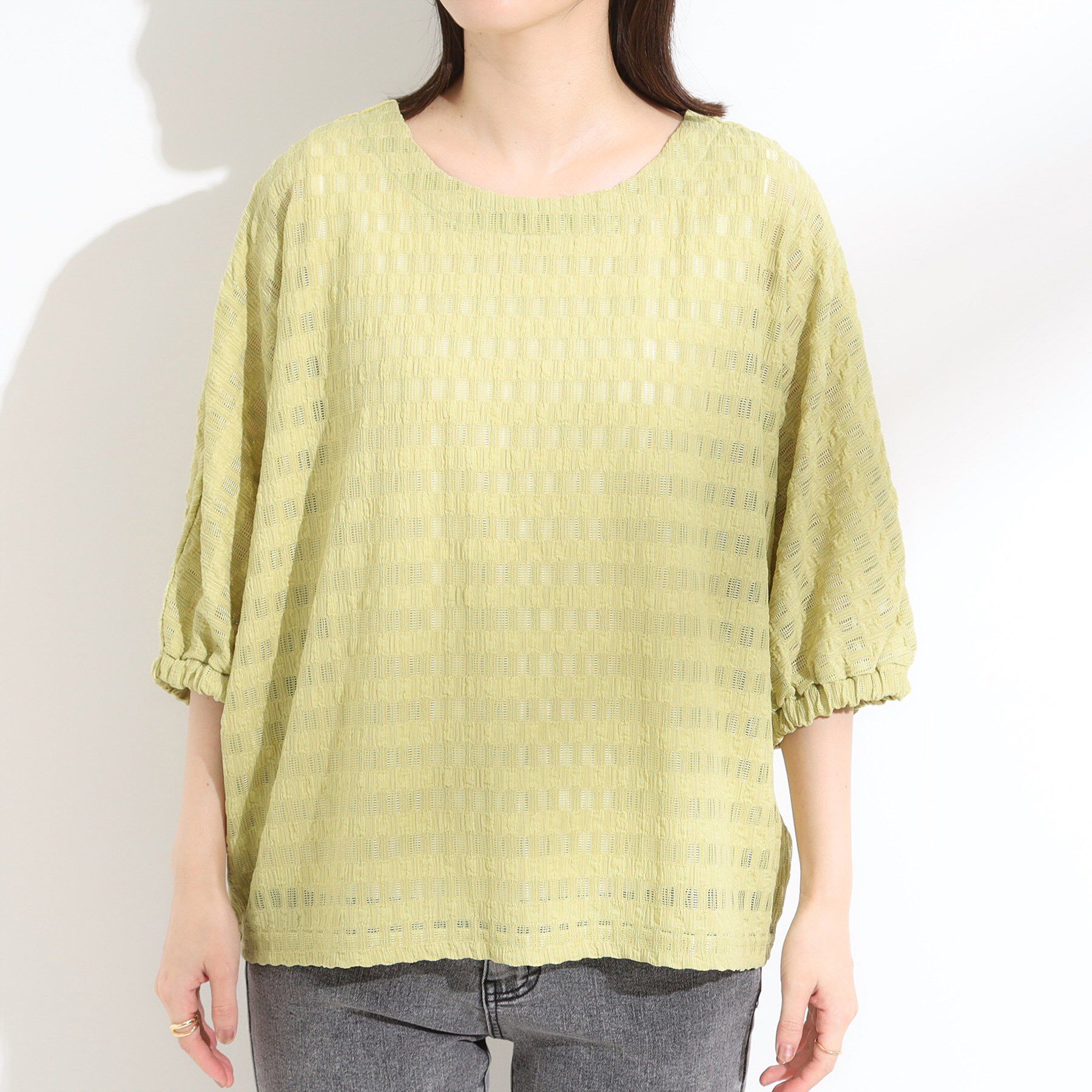 SHOO･LA･RUE「【S-LL】涼やかで好印象 シアーチェック ドルマントップス」|Tシャツ・カットソー|