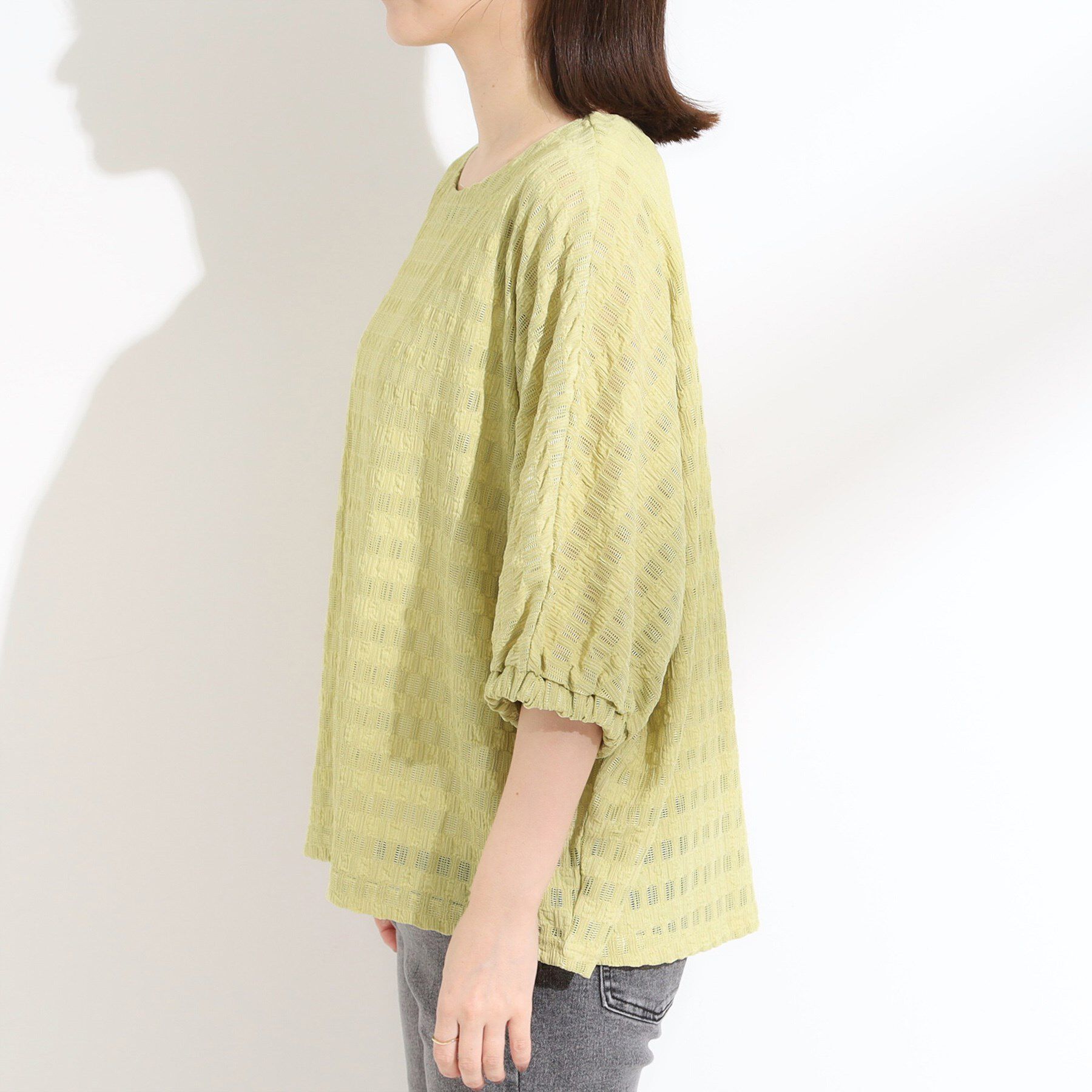 SHOO･LA･RUE「【S-LL】涼やかで好印象 シアーチェック ドルマントップス」|Tシャツ・カットソー|