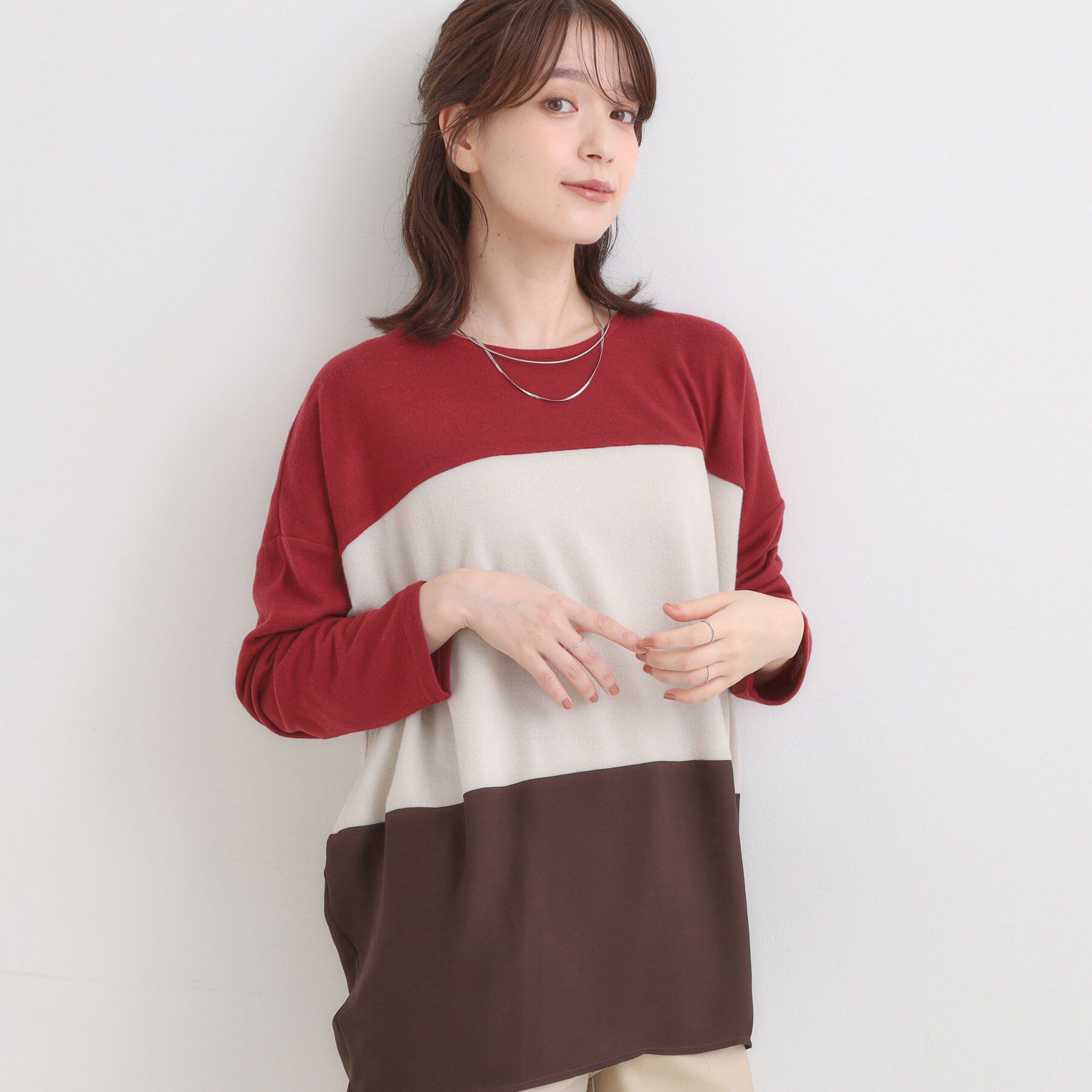 SHOO･LA･RUE「【S-LL】インしないで着られる 3段切り替えトップス」|Tシャツ・カットソー|レッド(563)