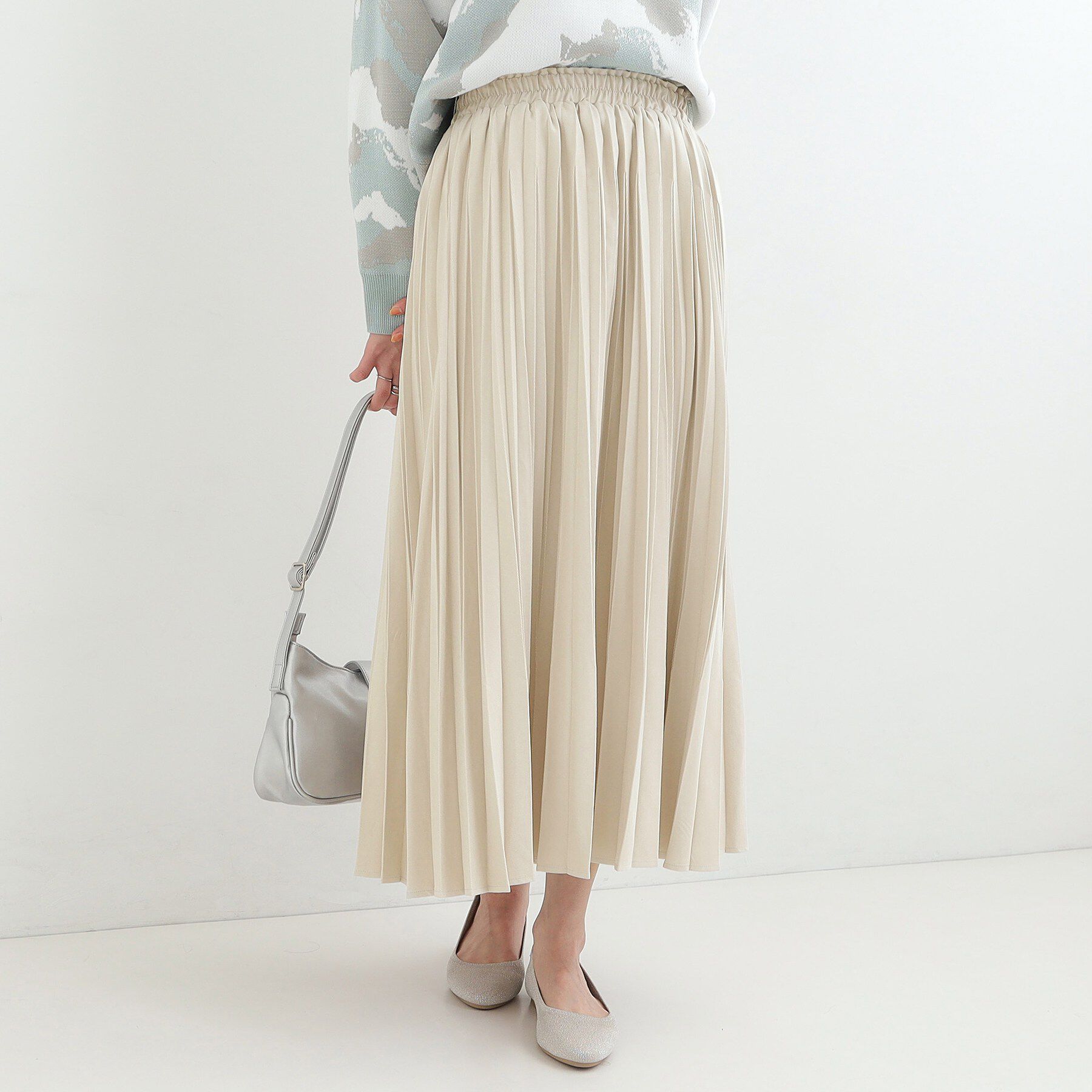 SHOO･LA･RUE「【洗濯機可/S-LL】縦ラインですっきり見せる スエードライクプリーツスカート」|スカート|アイボリー(004)