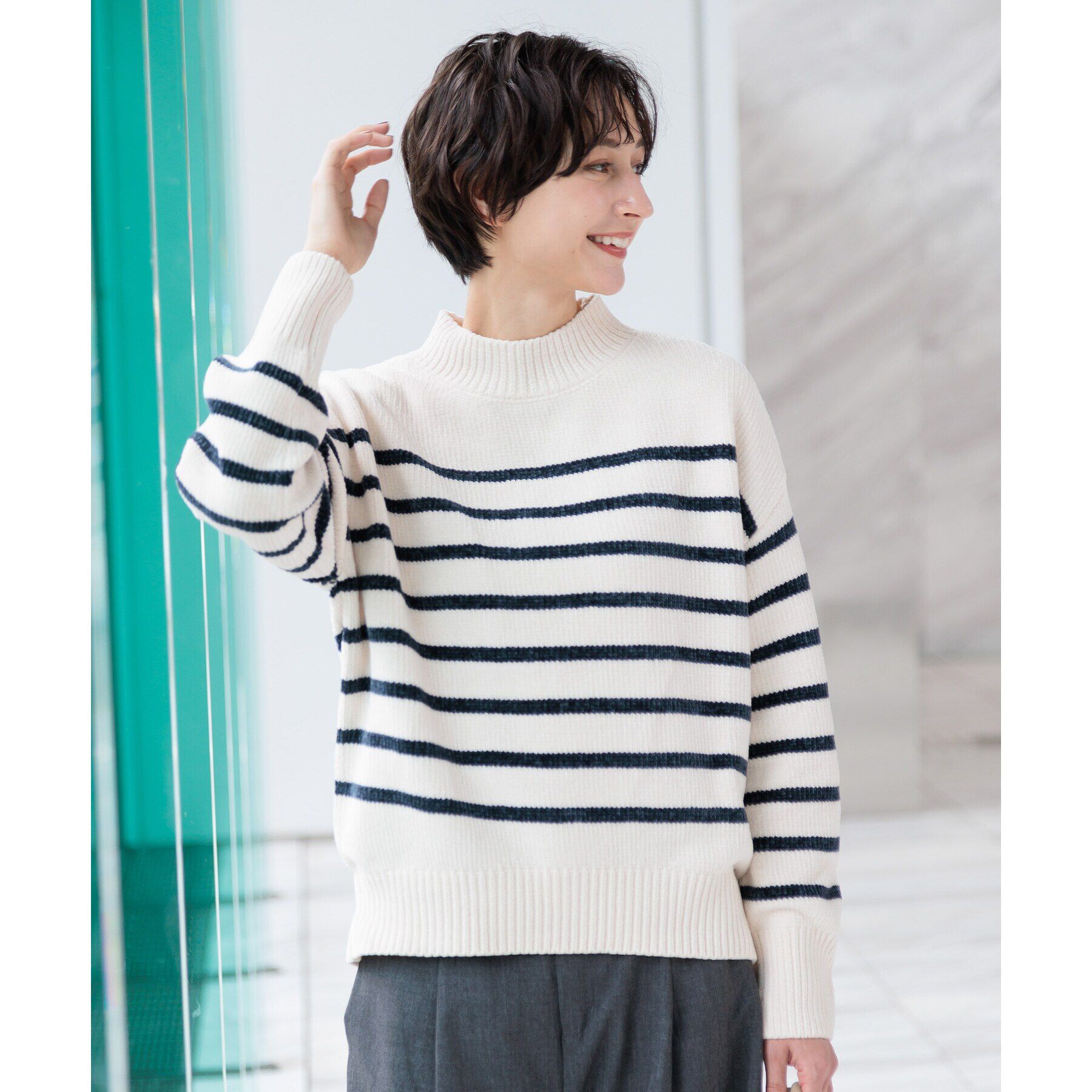 Dessin「【洗える・4サイズ展開・トレンド】ハイネックベロアモールニット（XS～L）」|ニット・セーター|アイボリー(304)