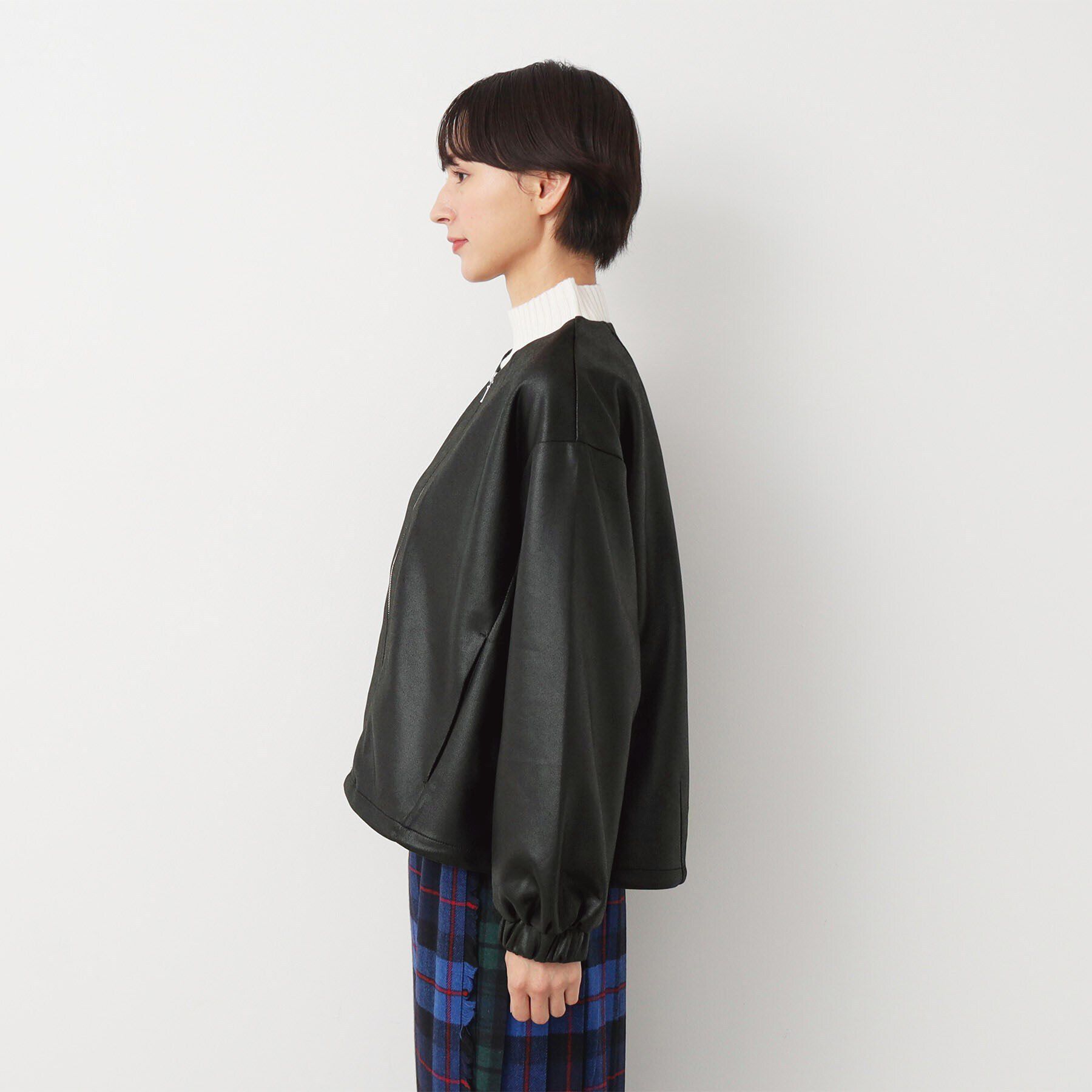 Dessin「【洗える】レザー調クルーネックジャケット」|ノーカラージャケット|