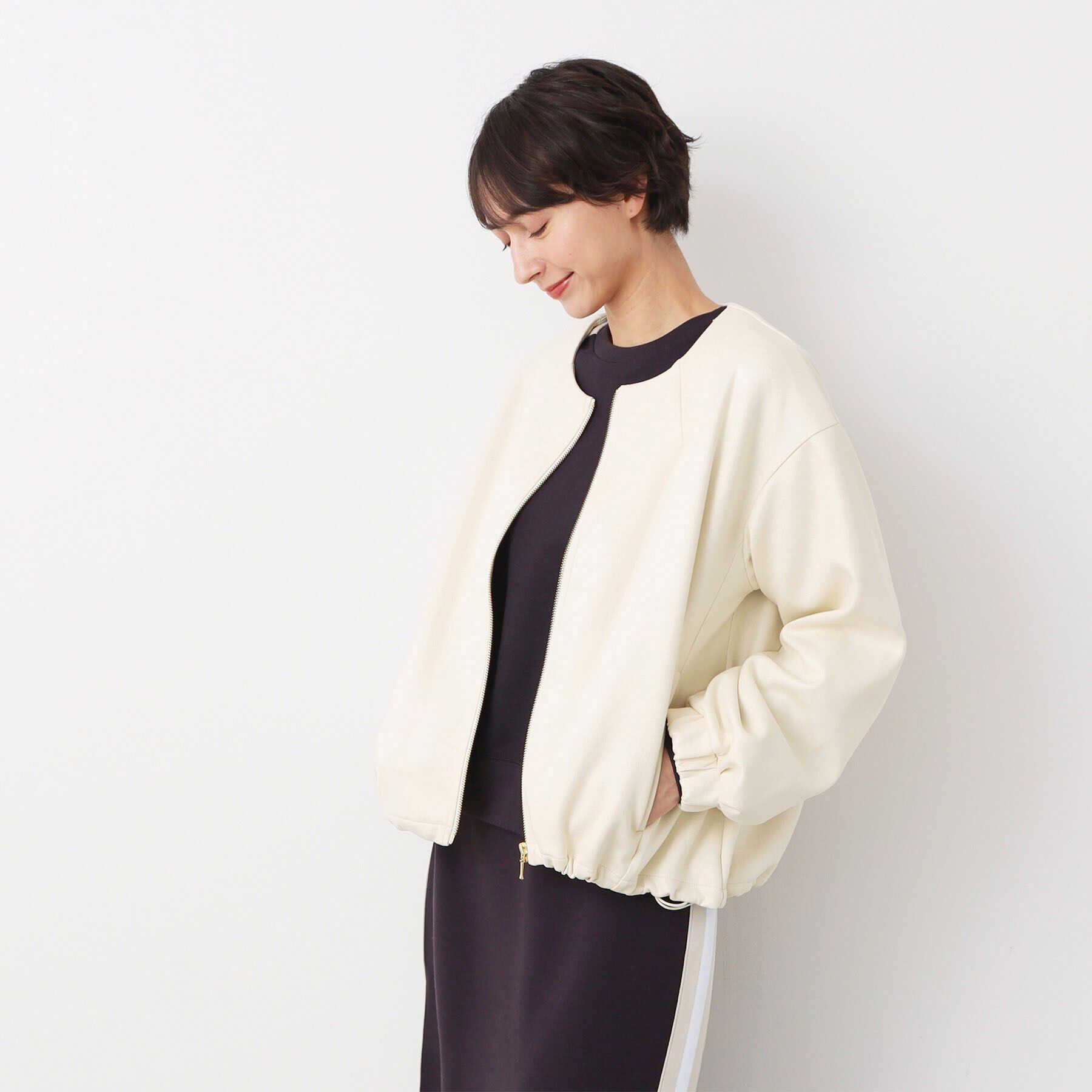 Dessin「【洗える】レザー調クルーネックジャケット」|ノーカラージャケット|