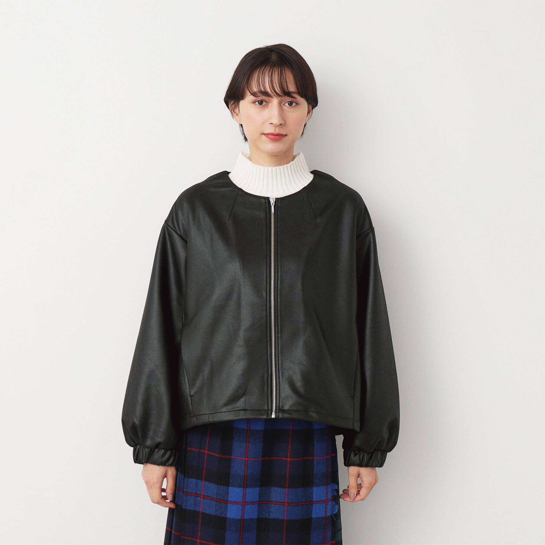 Dessin「【洗える】レザー調クルーネックジャケット」|ノーカラージャケット|