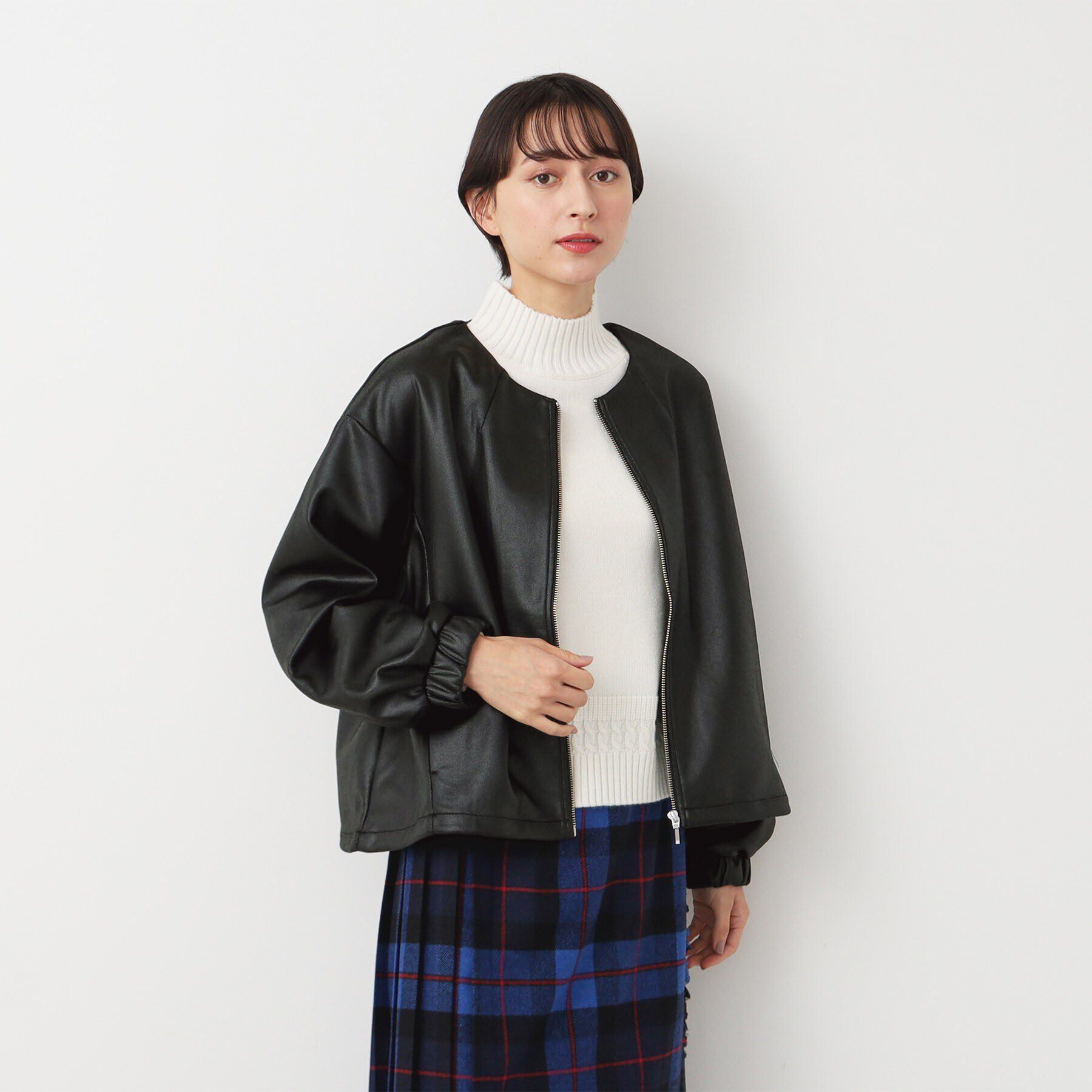 Dessin「【洗える】レザー調クルーネックジャケット」|ノーカラージャケット|ブラック(019)