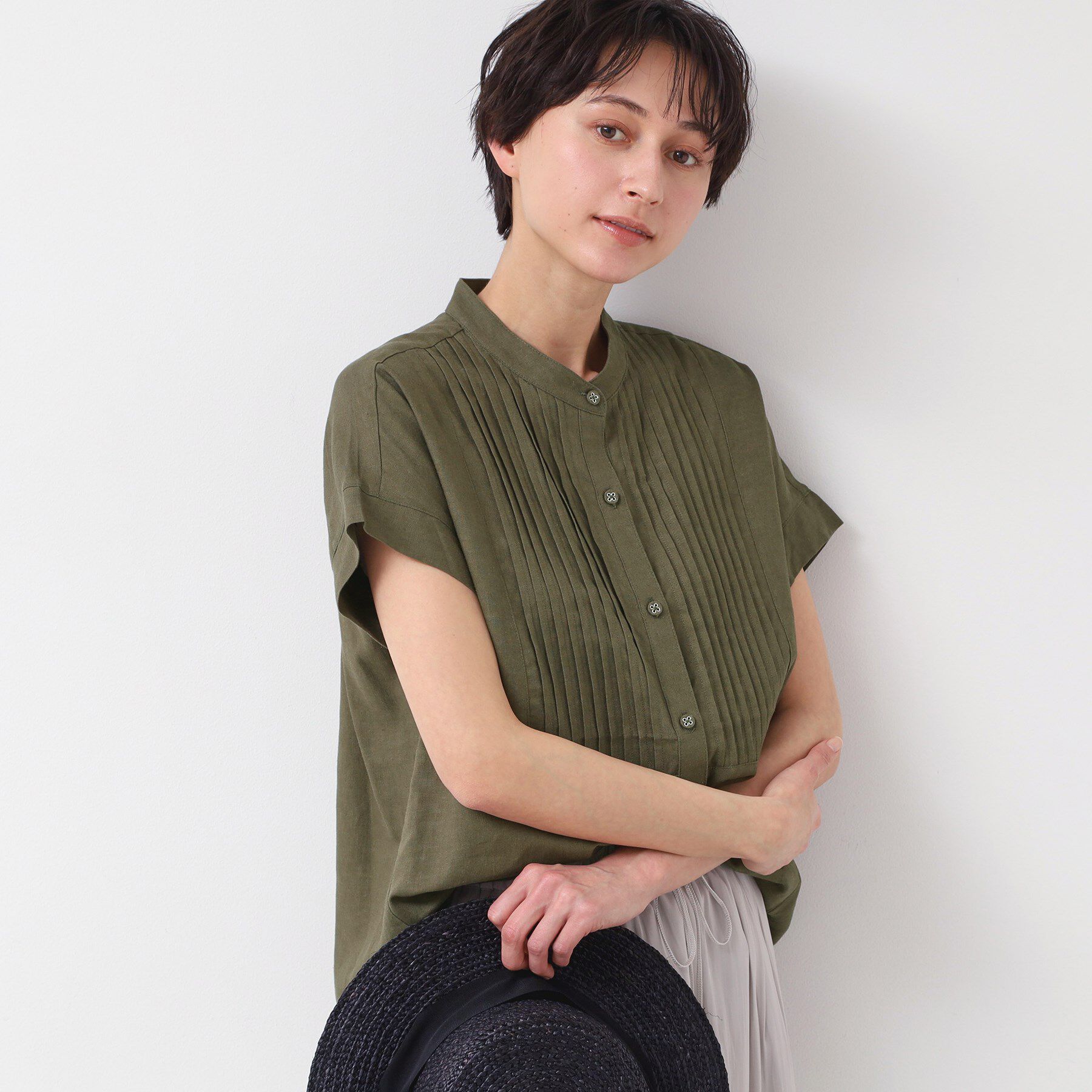 Dessin「【洗える】ピンタック入りバンドカラーブラウス（S～L）」|シャツ・ブラウス|カーキ(027)