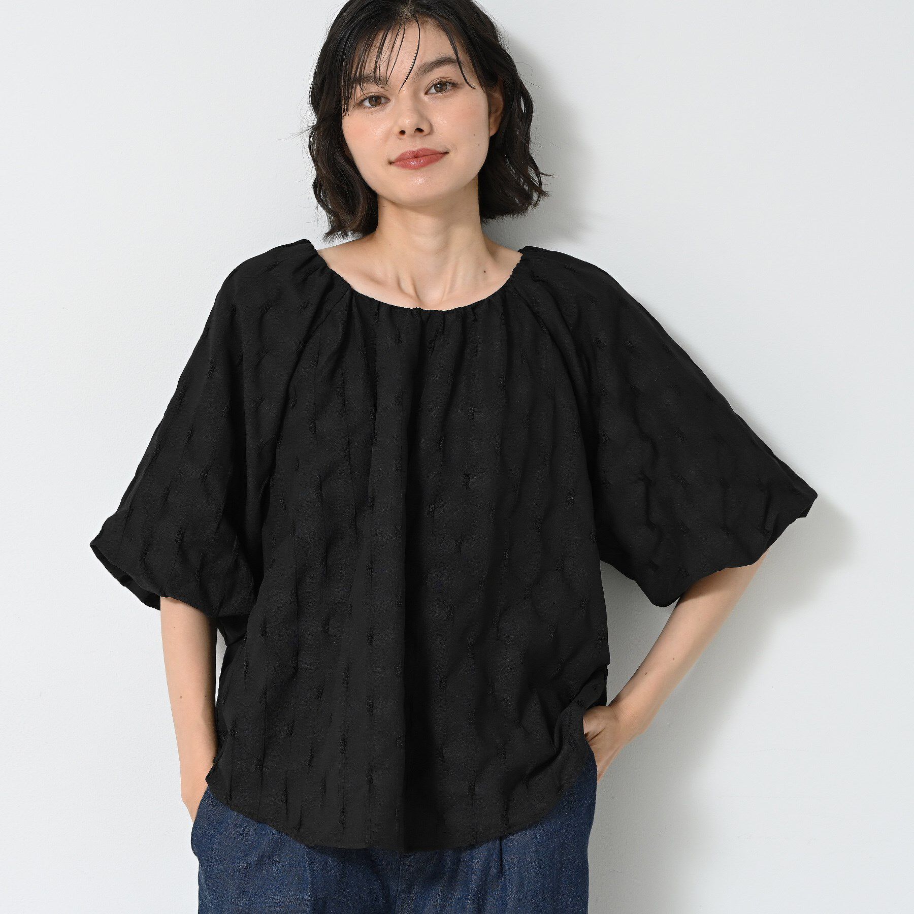 Dessin「【洗える／五分袖】バルーンスリーブジャガードブラウス」|シャツ・ブラウス|