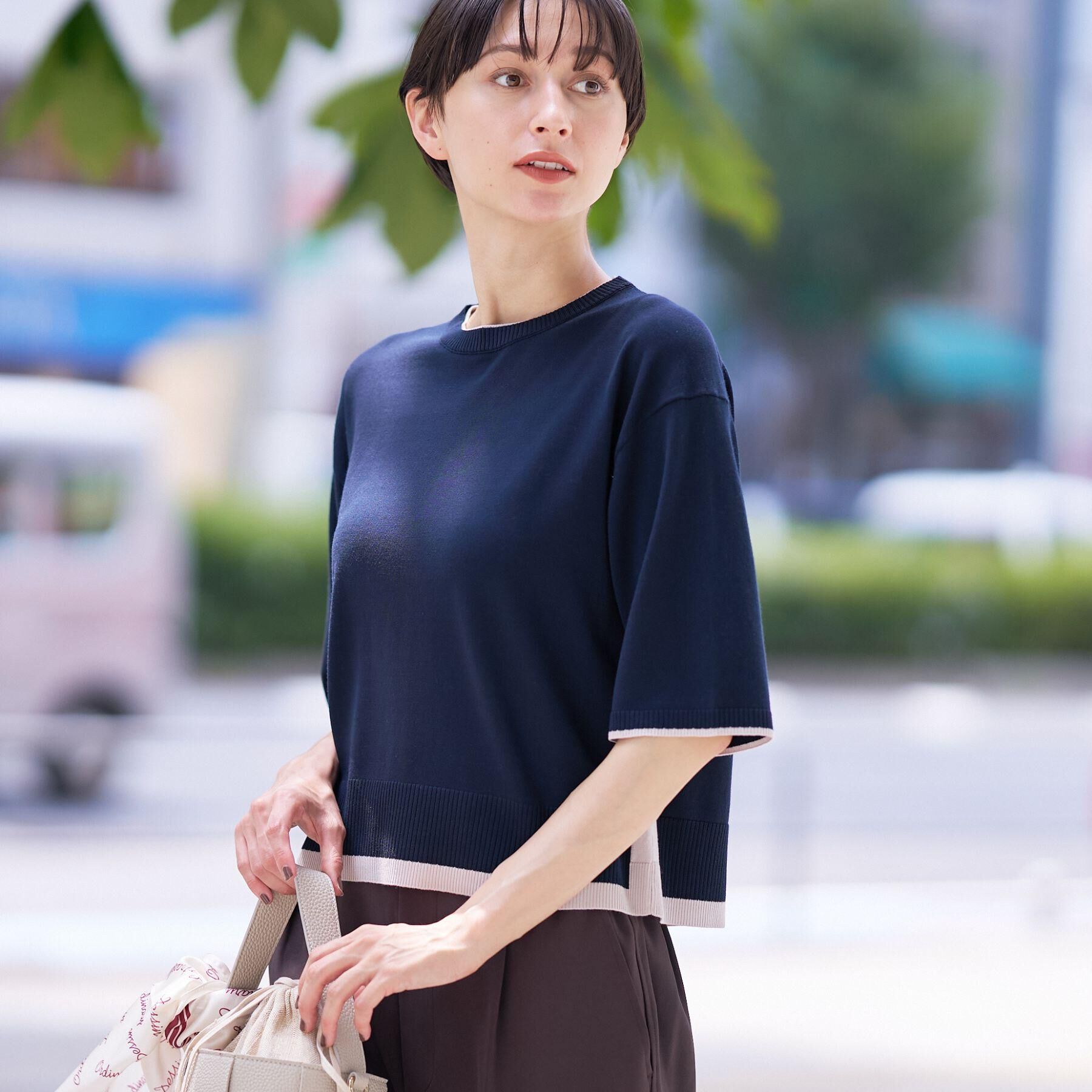 Dessin「【洗える】バイカラーショート丈ニット」|ニット・セーター|ネイビー(594)