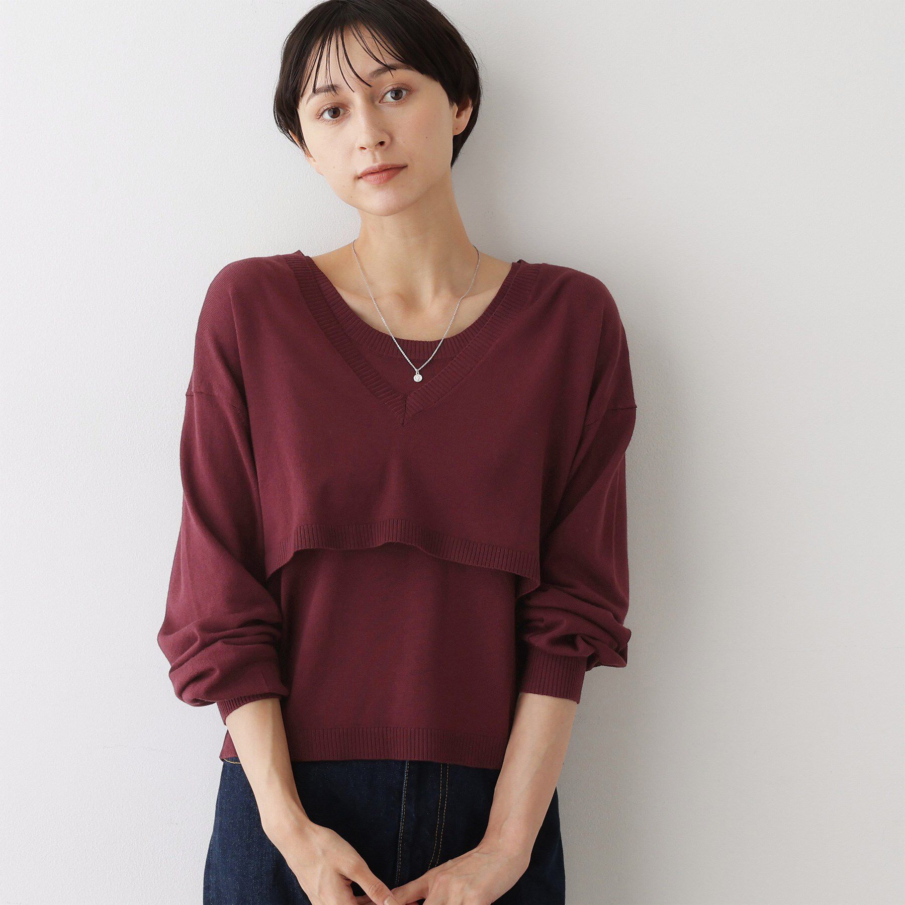 Dessin「【2点セット/3WAY/洗える】ノースリーブインナー付きVネックショート丈ニット」|ニット・セーター|