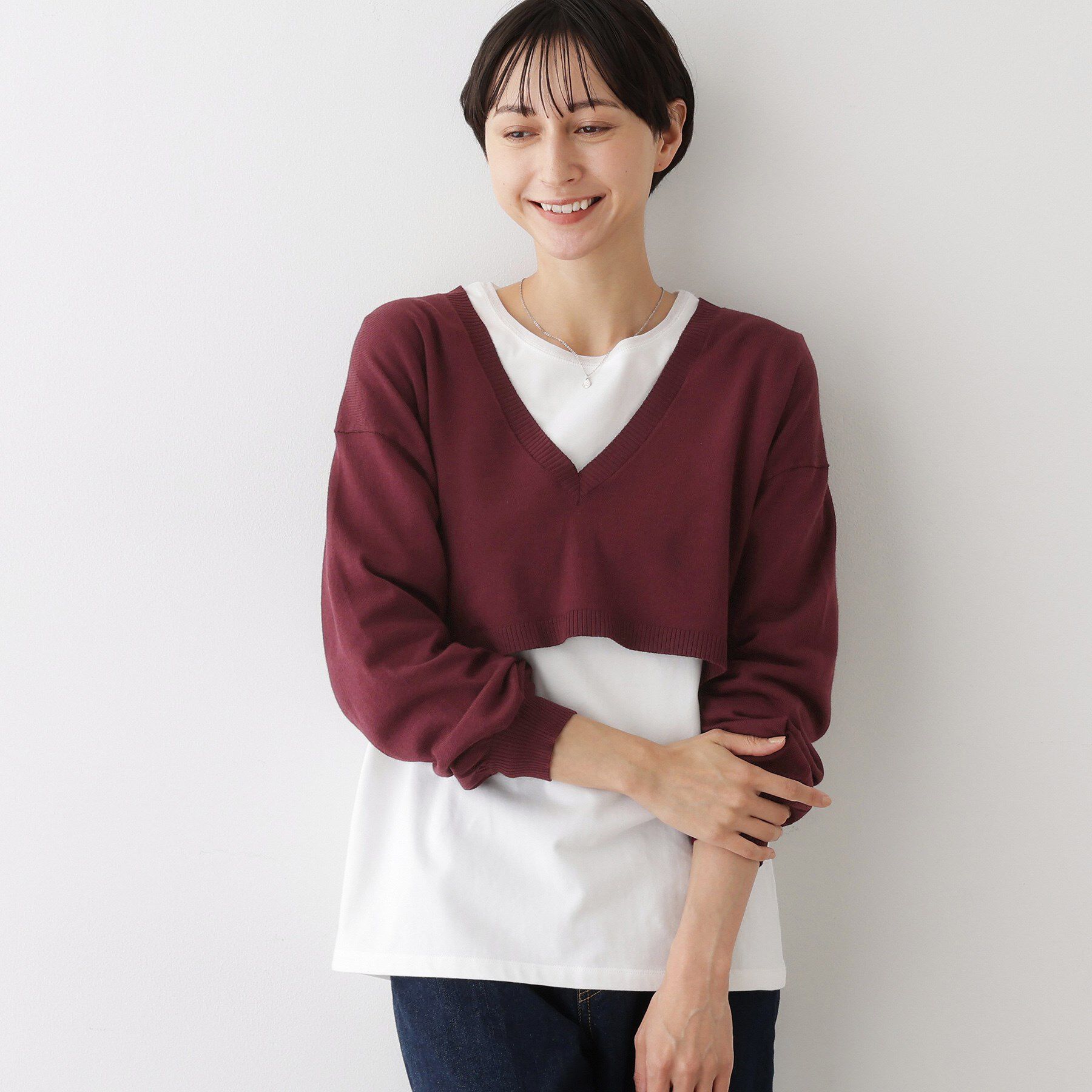 Dessin「【2点セット/3WAY/洗える】ノースリーブインナー付きVネックショート丈ニット」|ニット・セーター|
