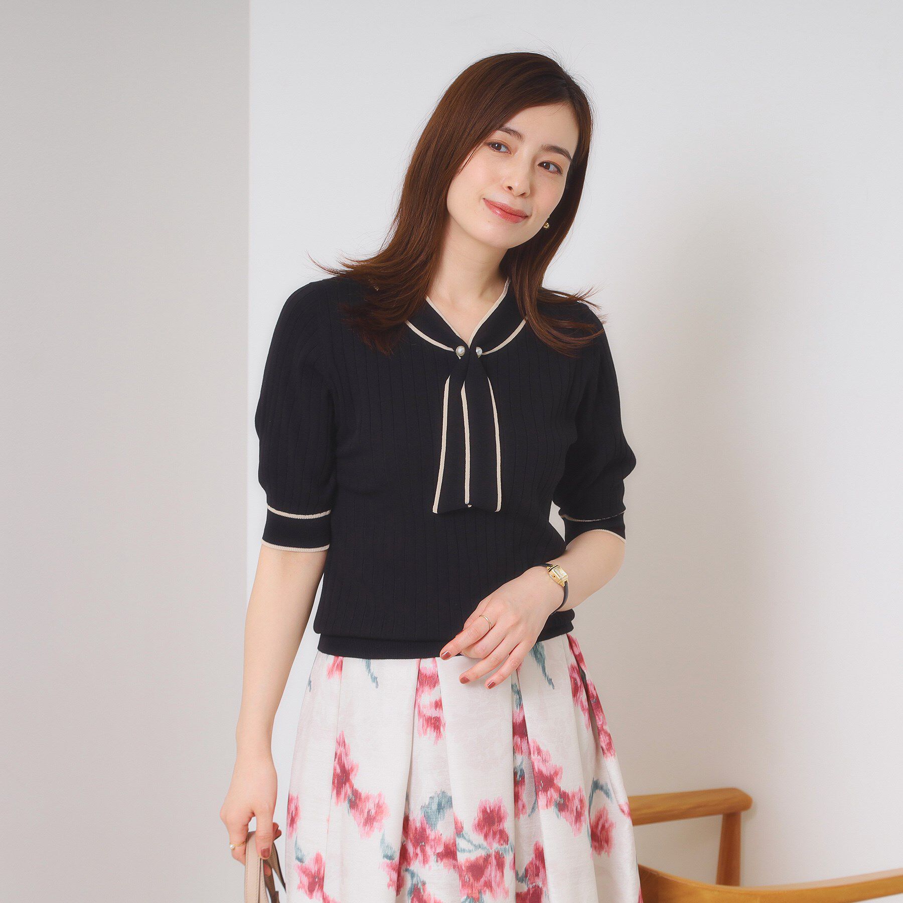 ITS&rsquo;DEMO「【手洗い可】配色ボウタイニット」|ニット・セーター|ブラック(019)