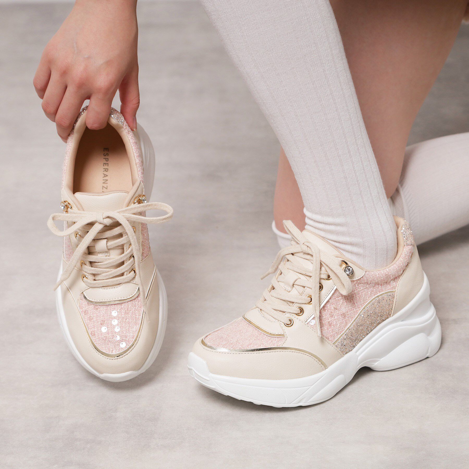 ESPERANZA「【EC先行販売】グリッター&times;ツイード ラインストーンスニーカー」|スニーカー|ピンク(972)